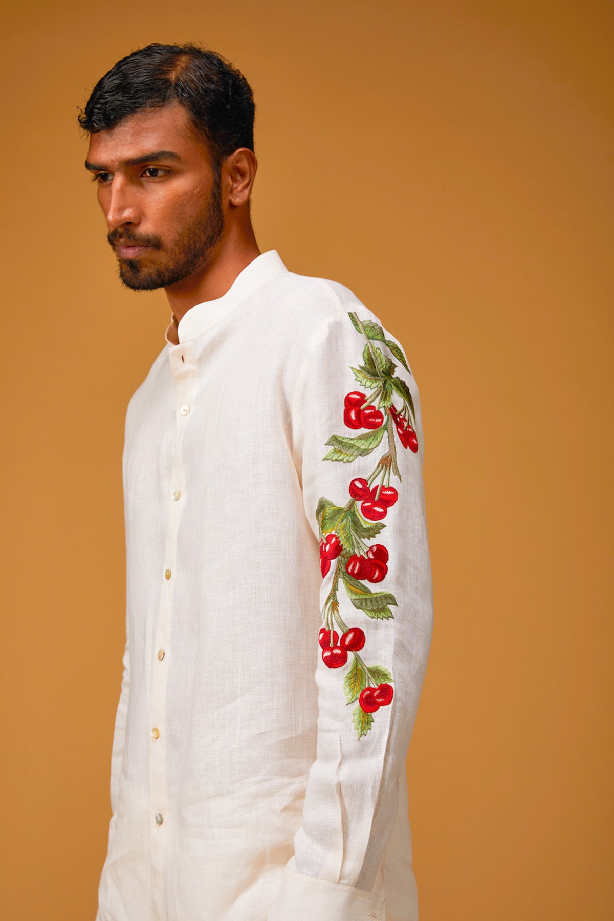 Men's Ivory Linen Shirt With Crimson Embroidery