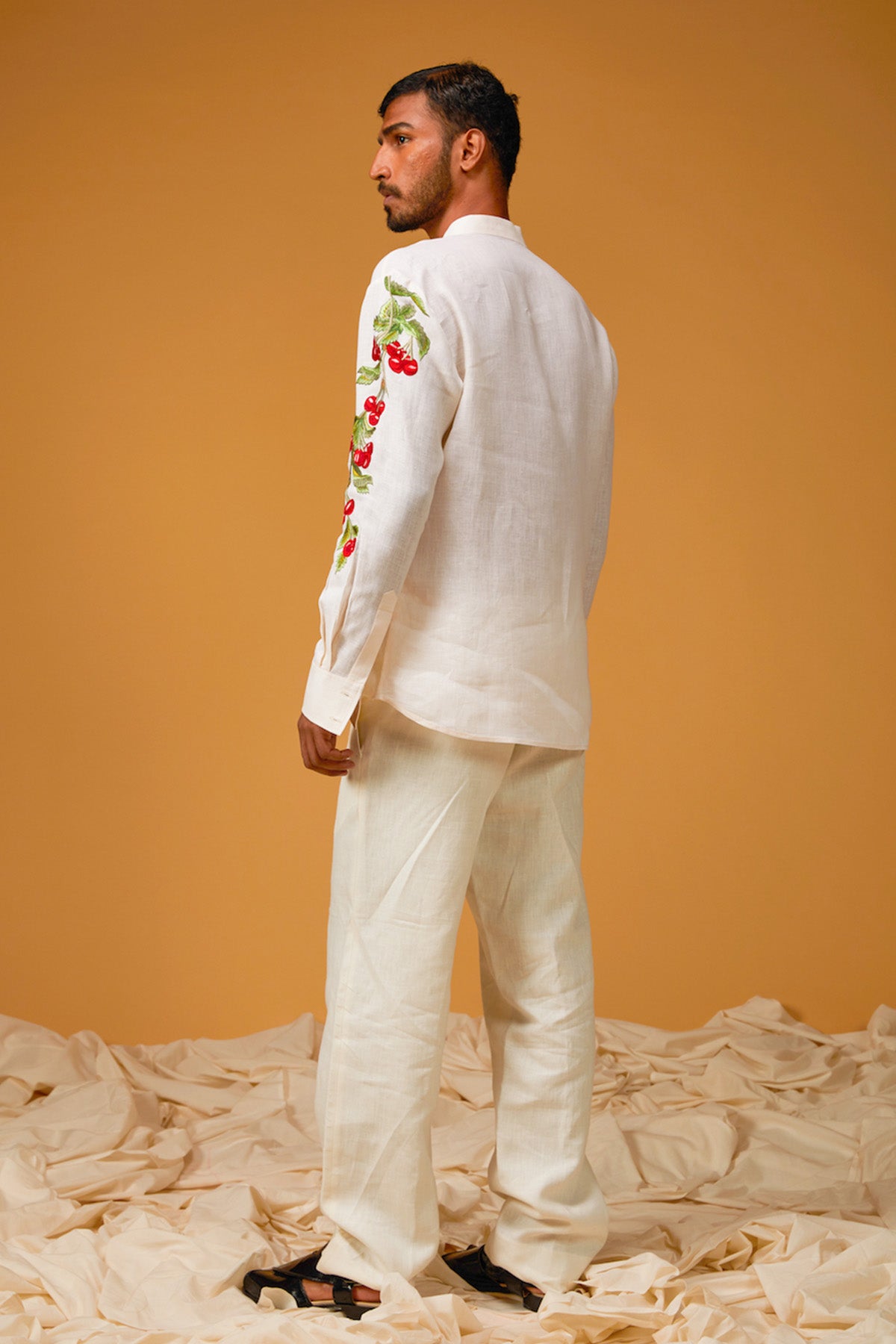 Men's Ivory Linen Shirt With Crimson Embroidery