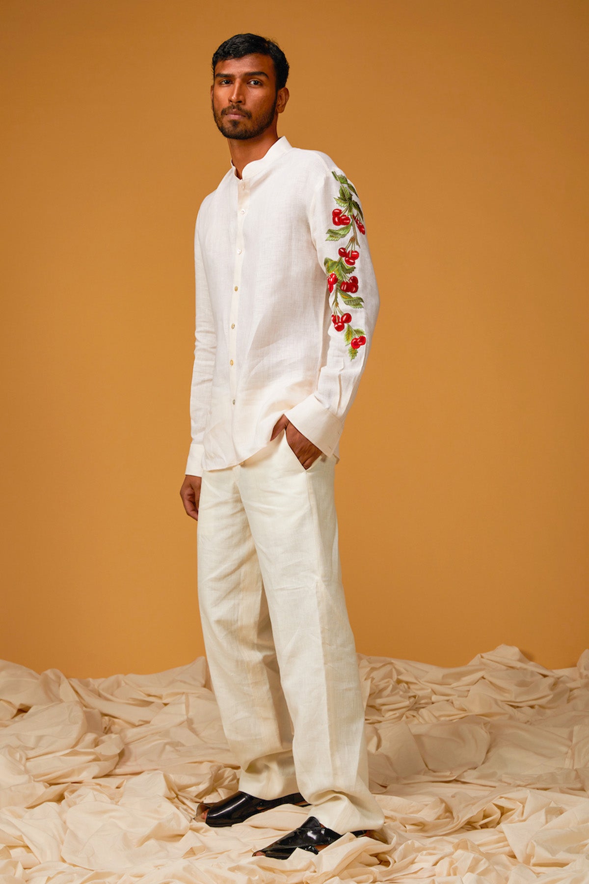 Men's Ivory Linen Shirt With Crimson Embroidery