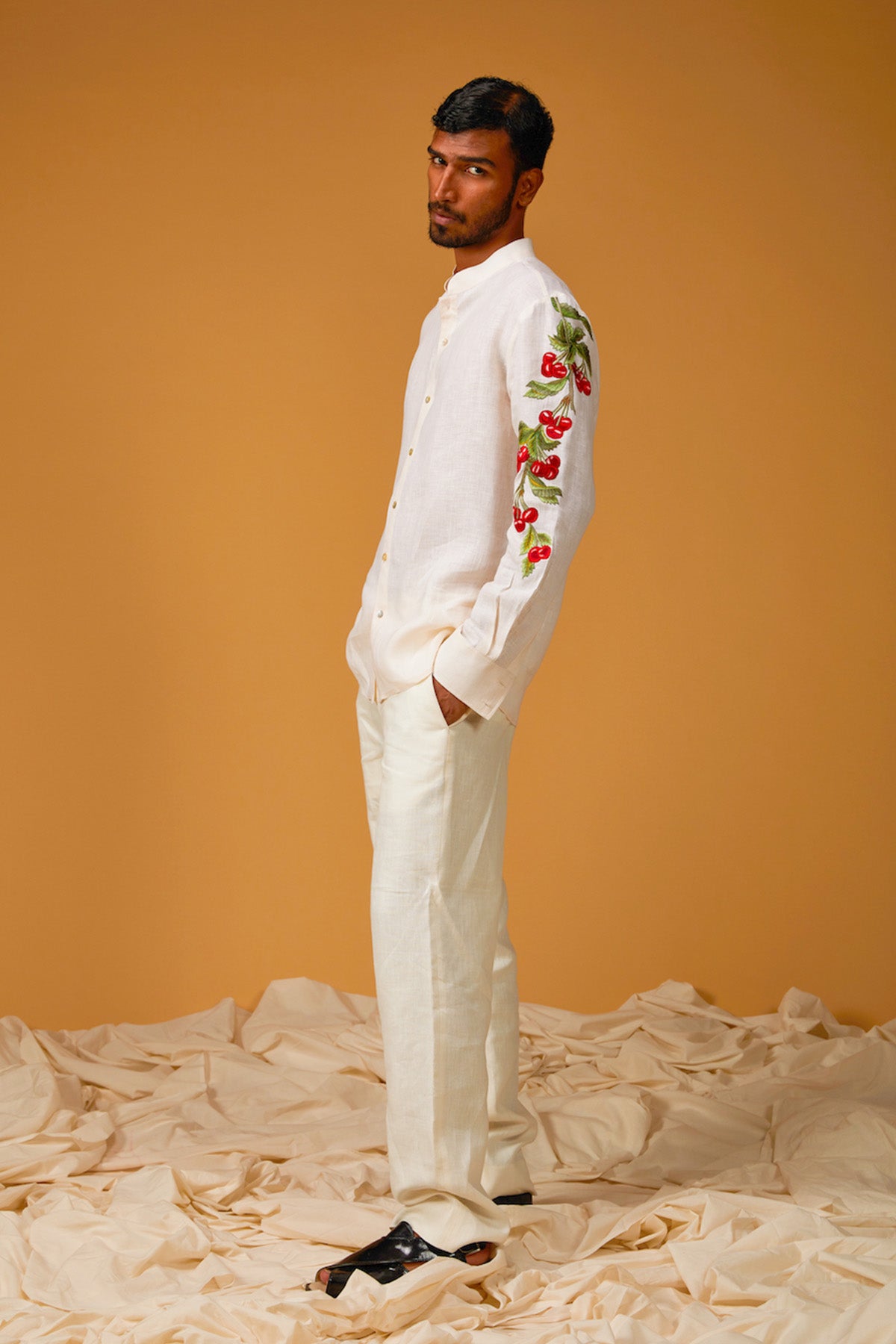 Men's Ivory Linen Shirt With Crimson Embroidery