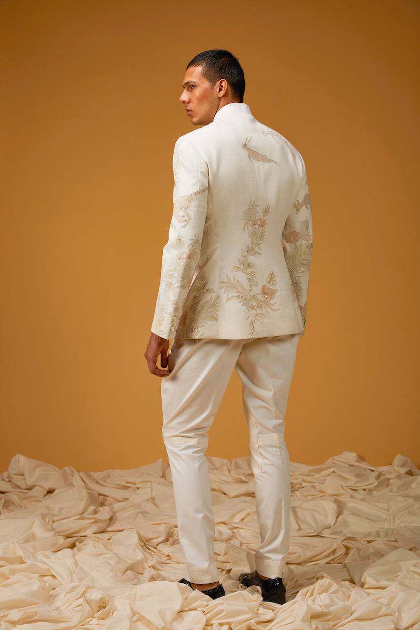 Ivory Jungle Bandhgala in Matka Silk with Embroidery