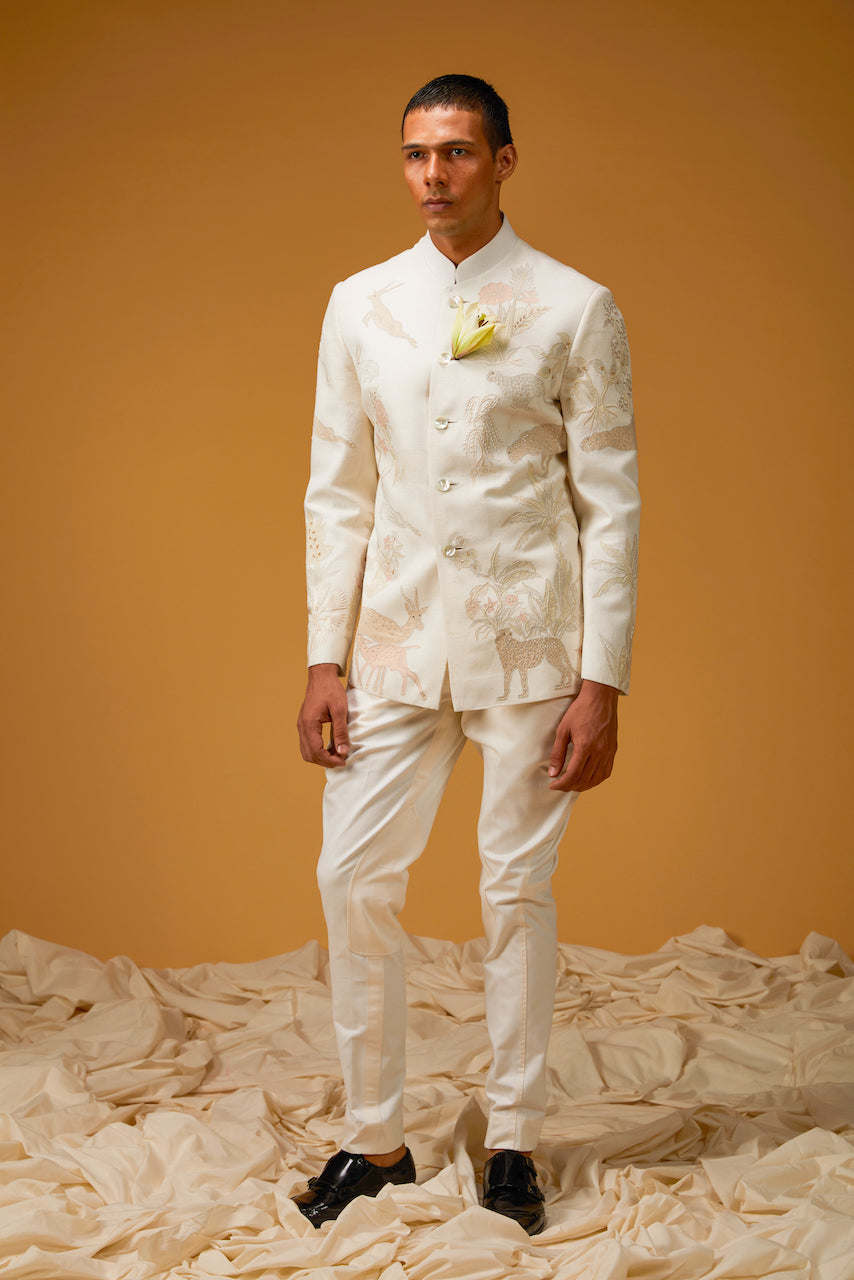 Ivory Jungle Bandhgala in Matka Silk with Embroidery