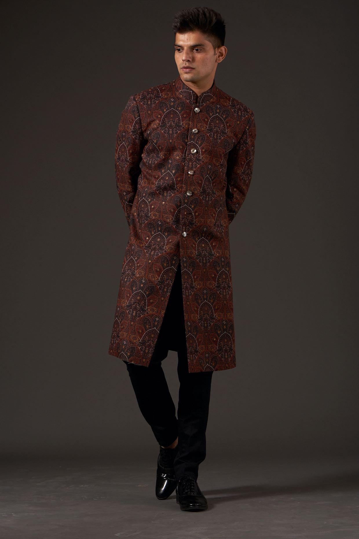 Men Brown Linen Printed & Hand Embroidered Sherwani