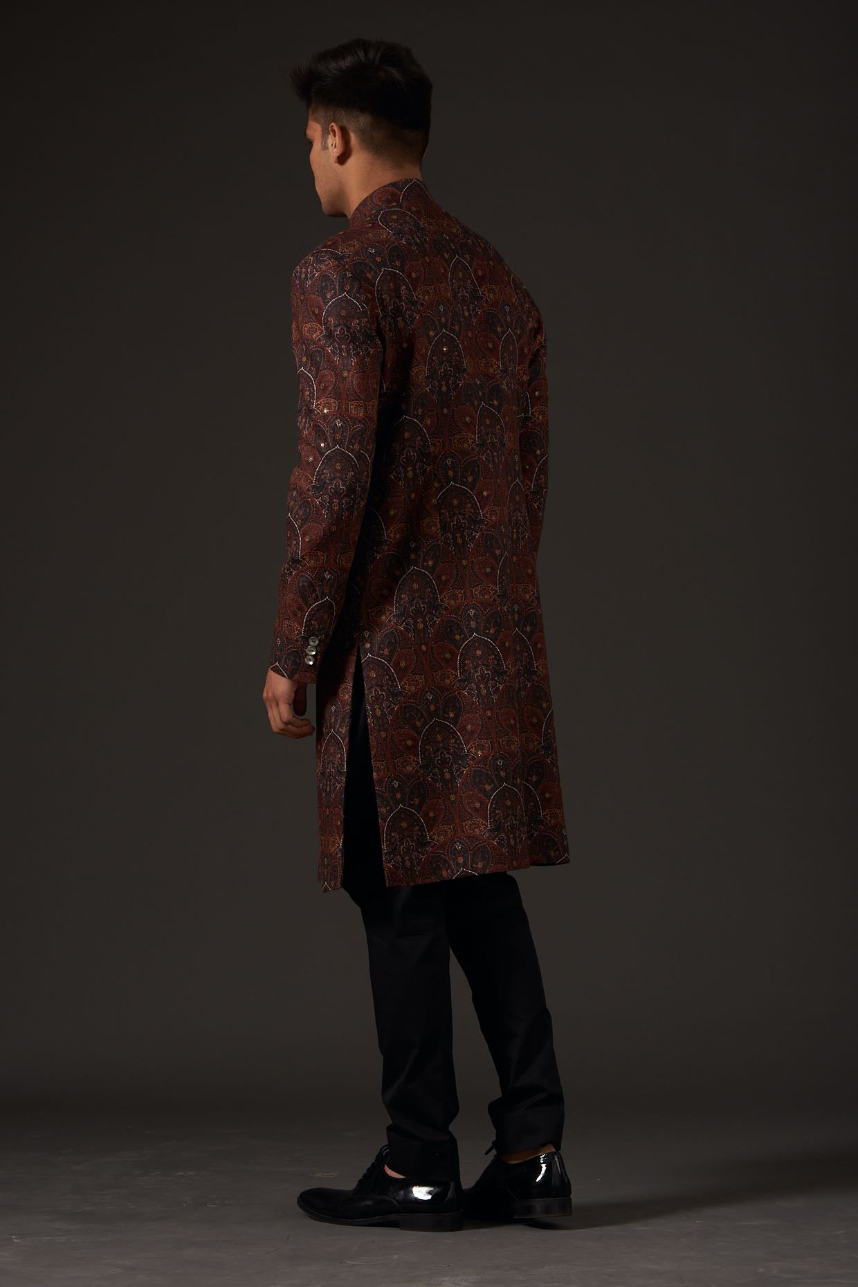 Men Brown Linen Printed & Hand Embroidered Sherwani