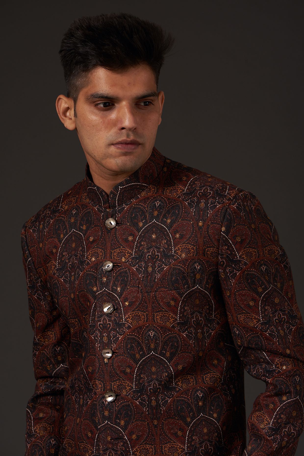 Men Brown Linen Printed & Hand Embroidered Sherwani