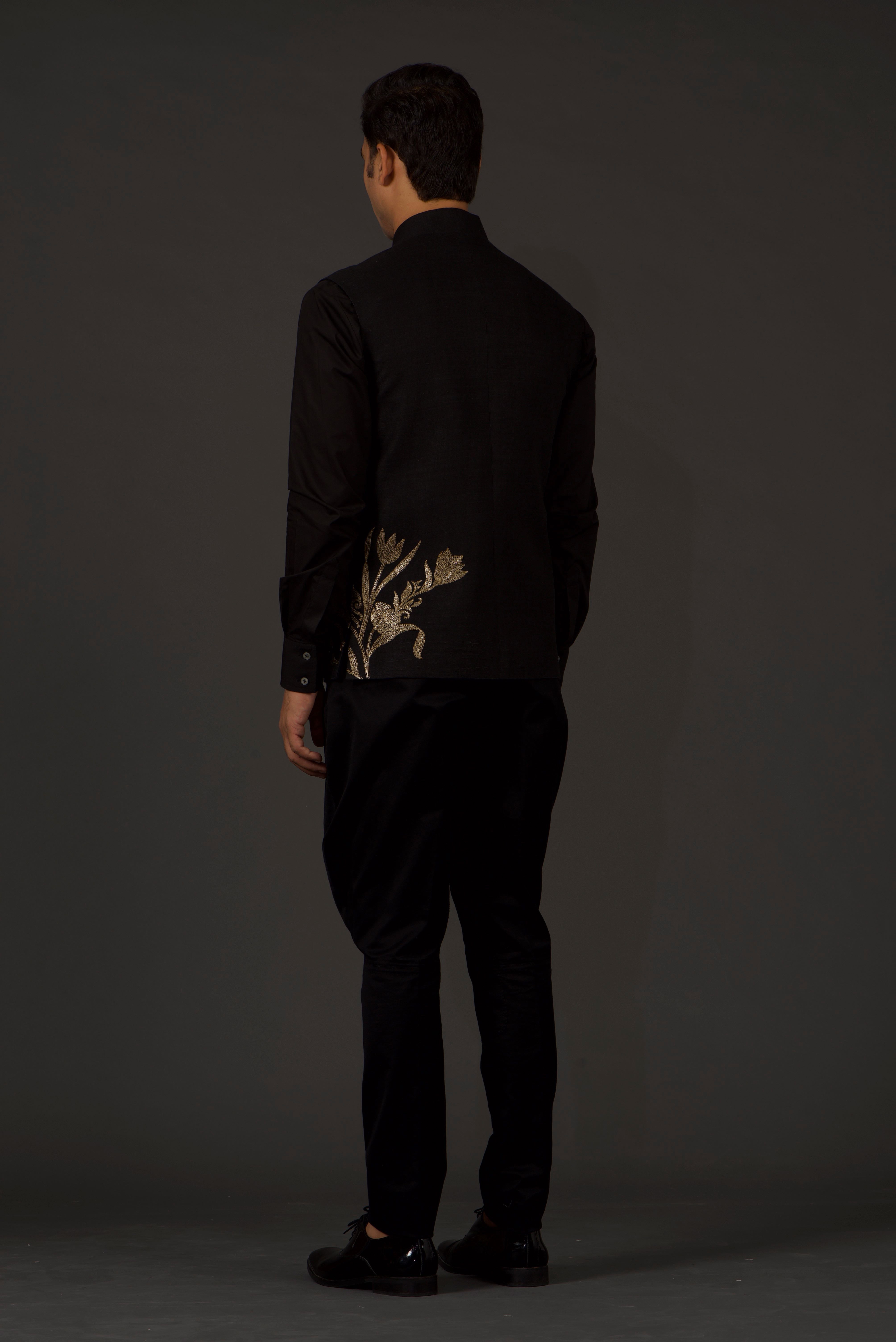Black Linen Hand Embroidered bundi