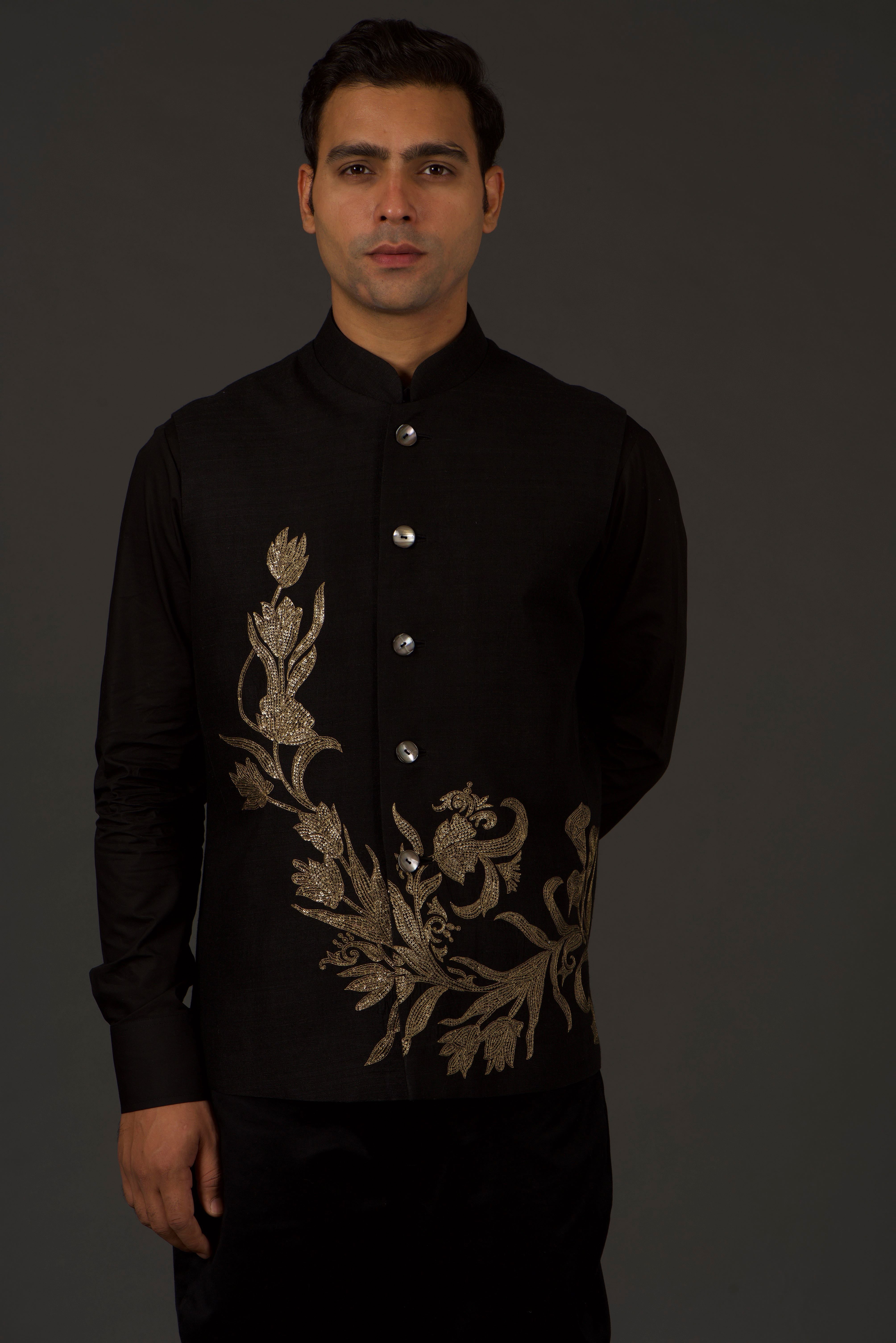Black Linen Hand Embroidered bundi
