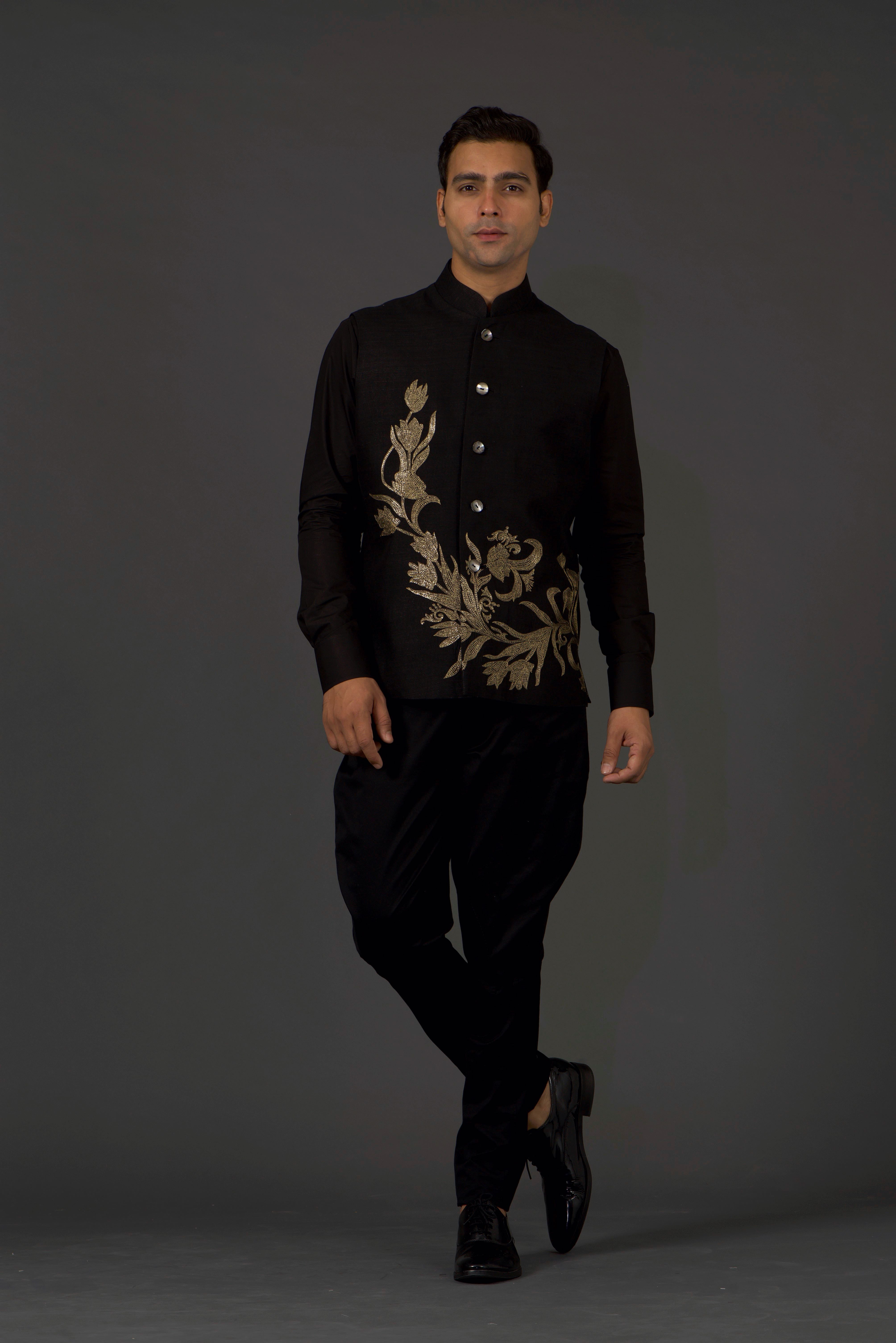 Black Linen Hand Embroidered bundi