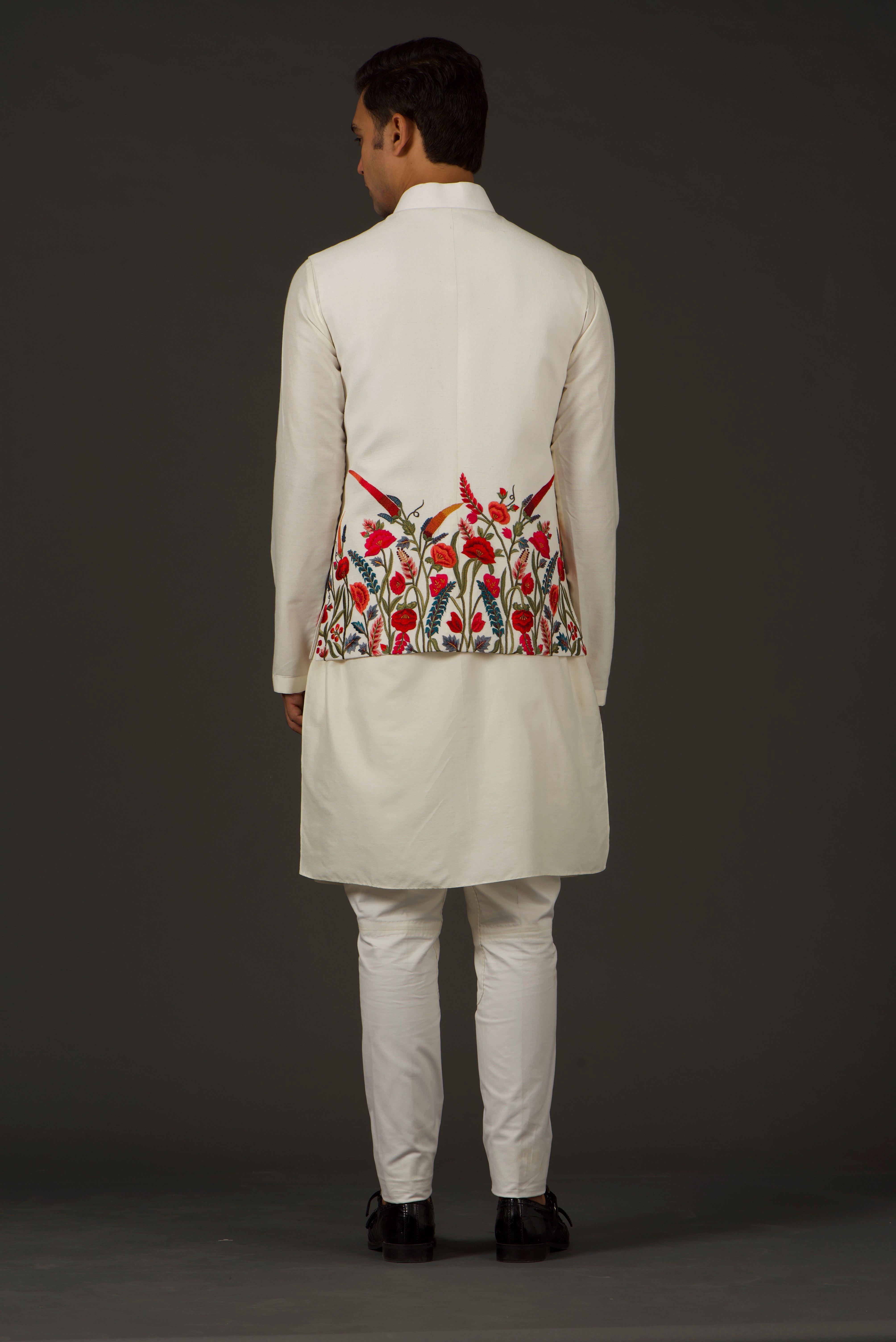 Ivory Linen Resham Thread Embroidered Nehru Jacket