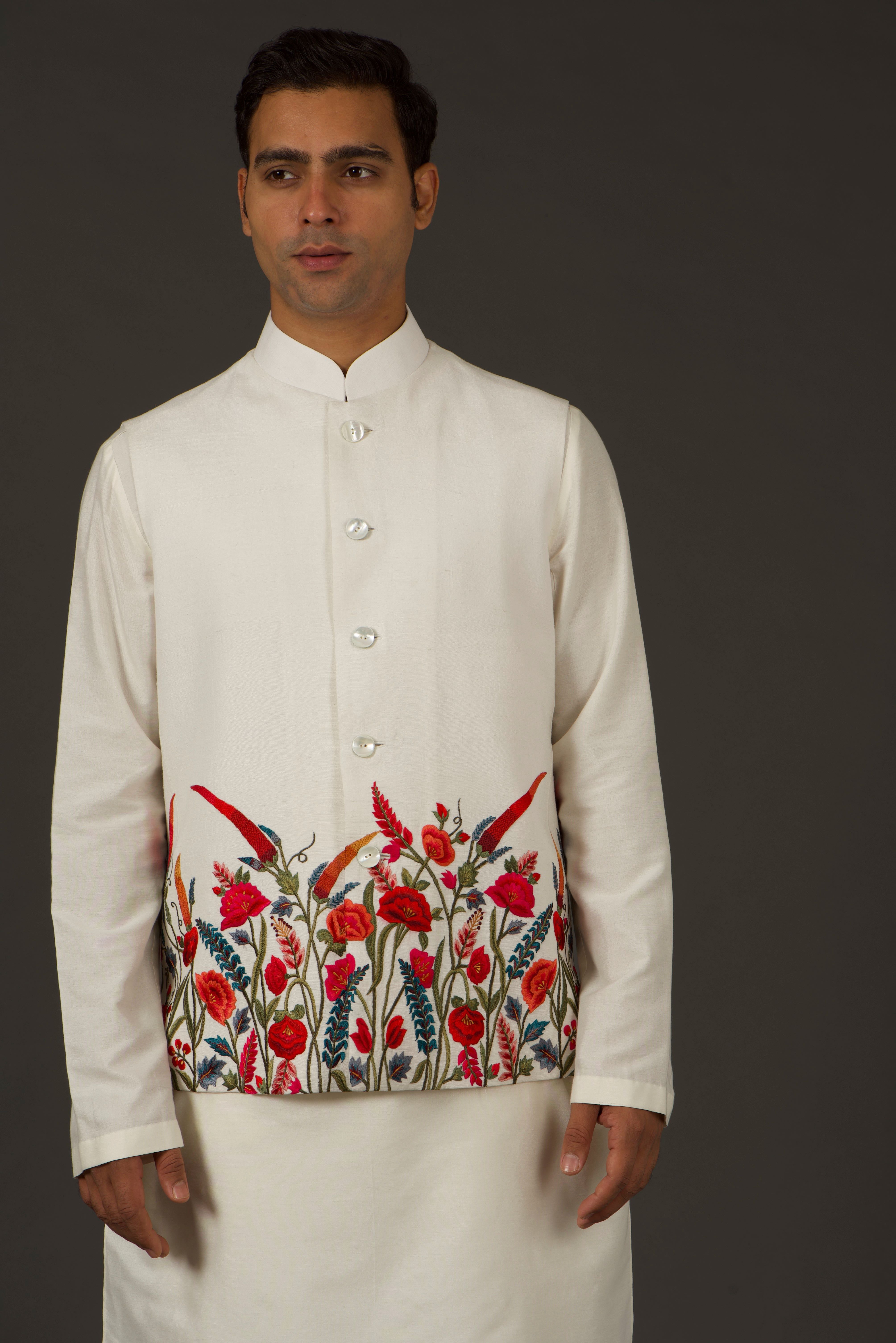 Ivory Linen Resham Thread Embroidered Nehru Jacket