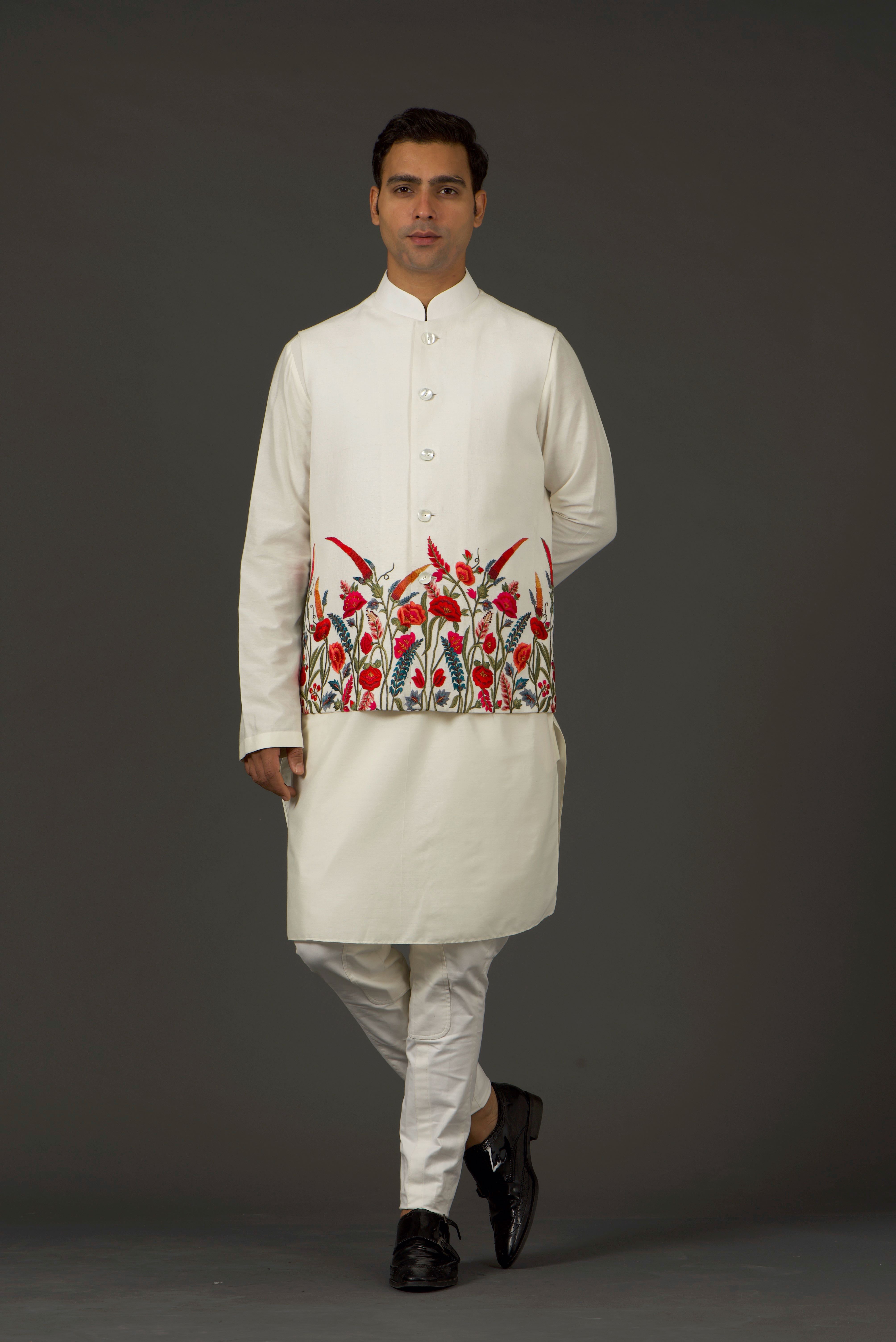 Ivory Linen Resham Thread Embroidered Nehru Jacket