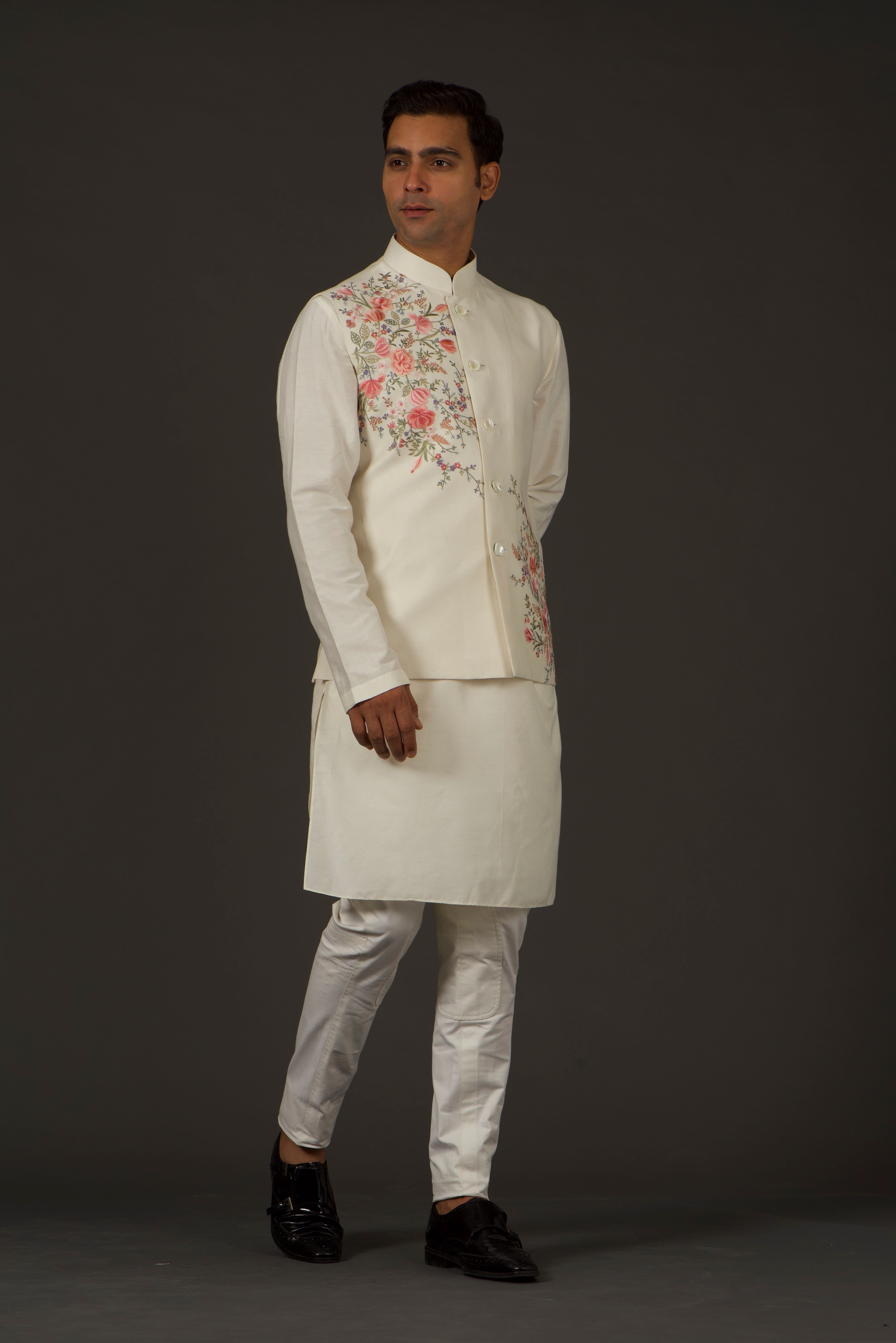 Ivory Linen Resham Thread Embroidered Nehru Jacket