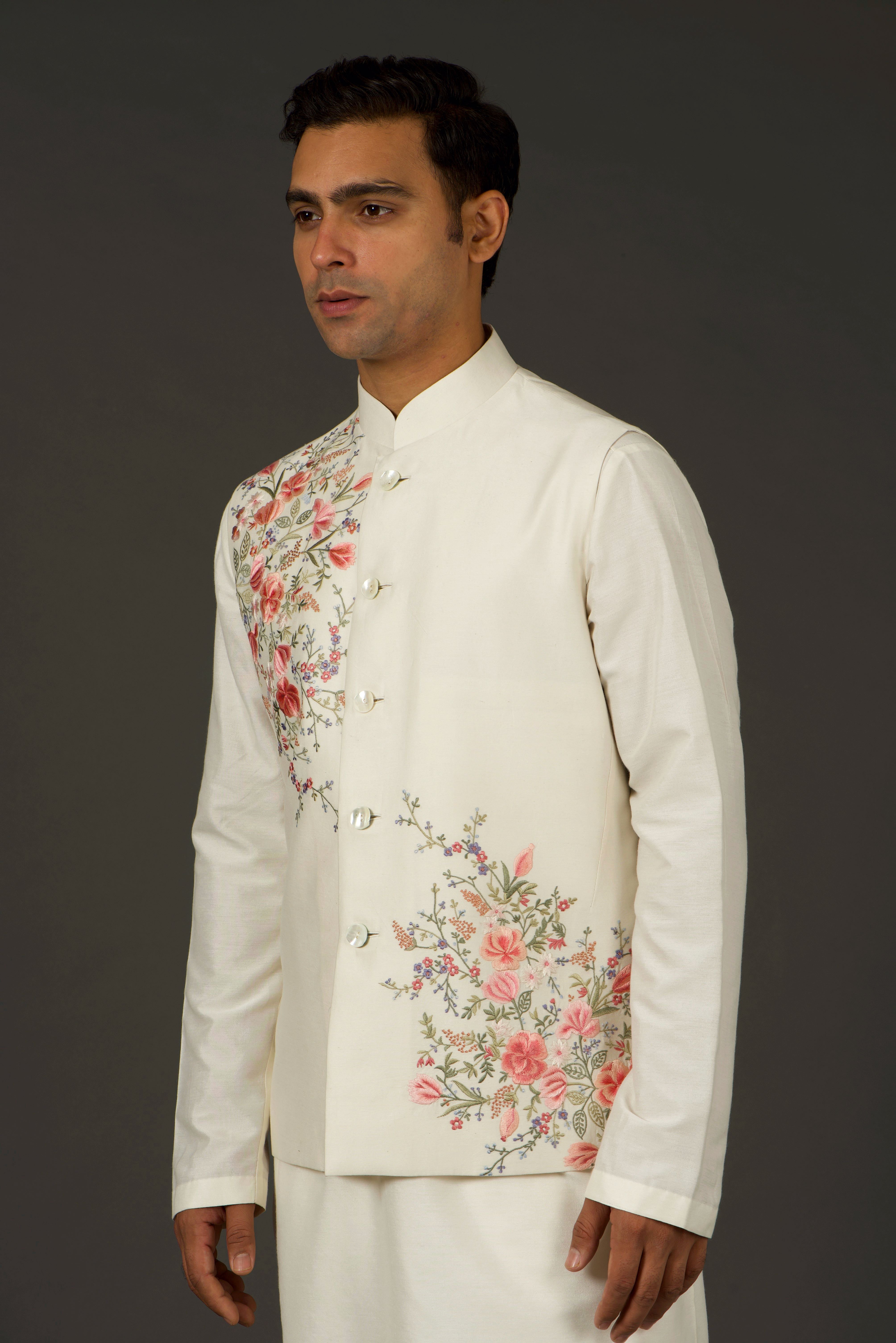 Ivory Linen Resham Thread Embroidered Nehru Jacket