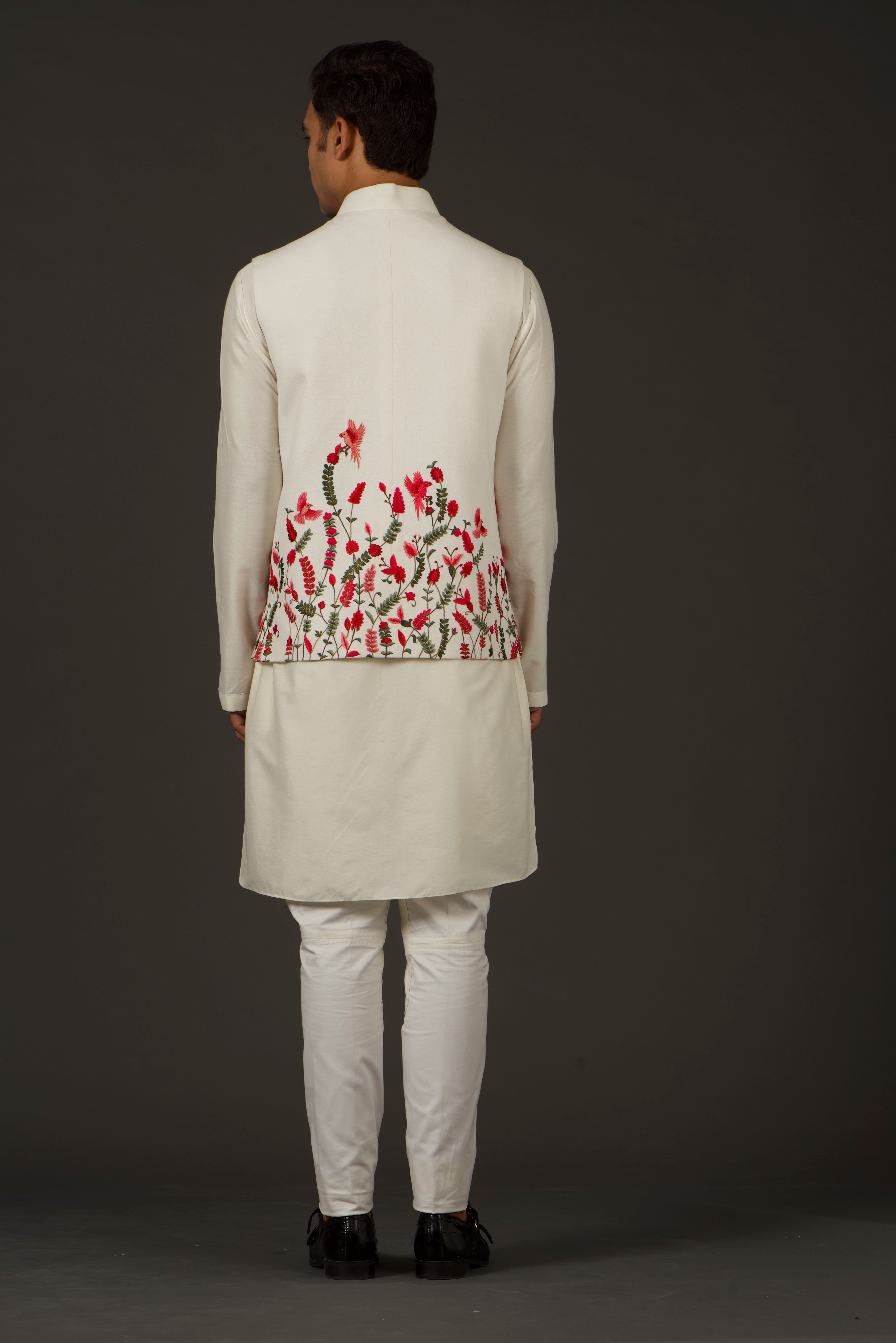 Ivory Linen Resham Thread Embroidered Nehru Jacket