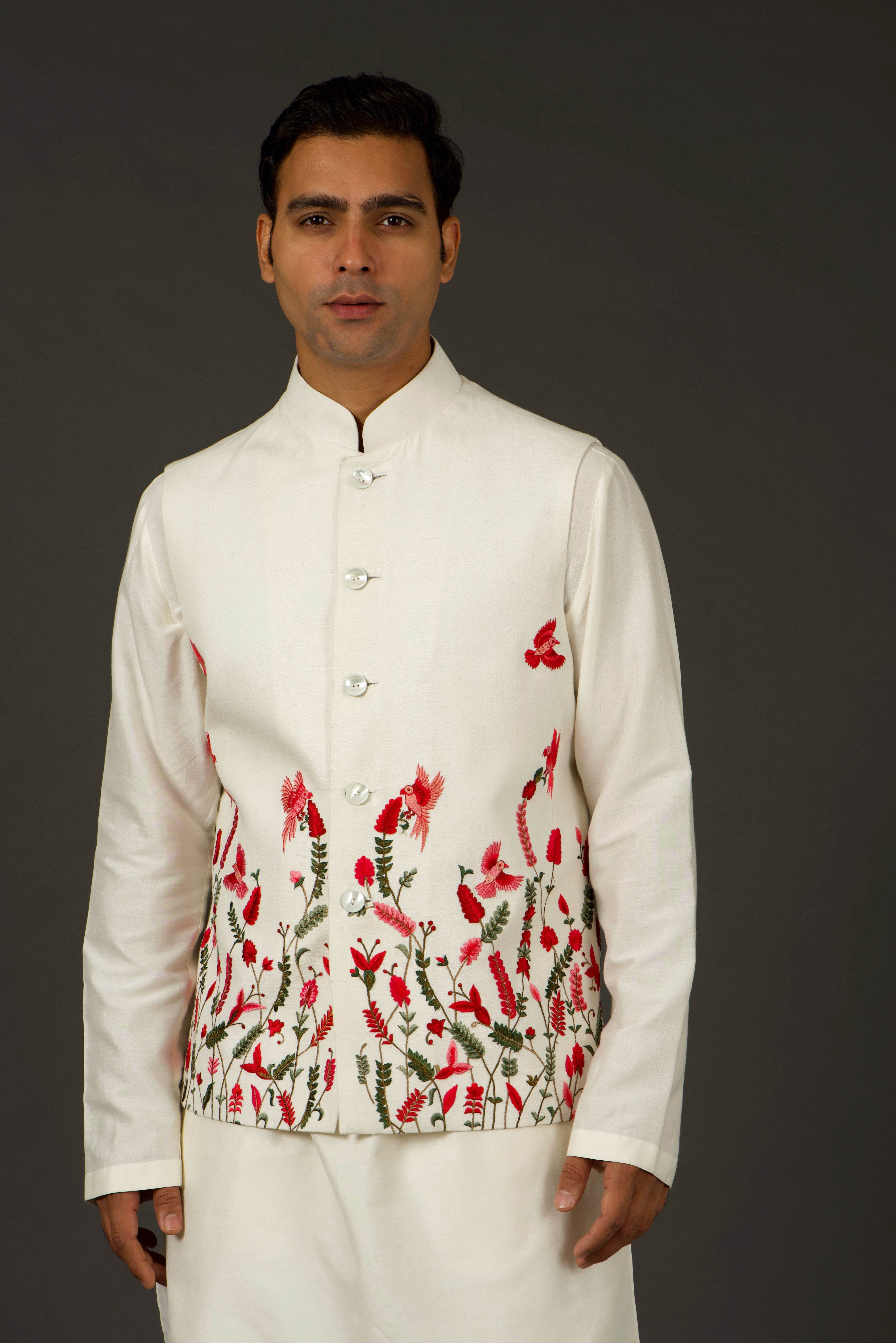 Ivory Linen Resham Thread Embroidered Nehru Jacket