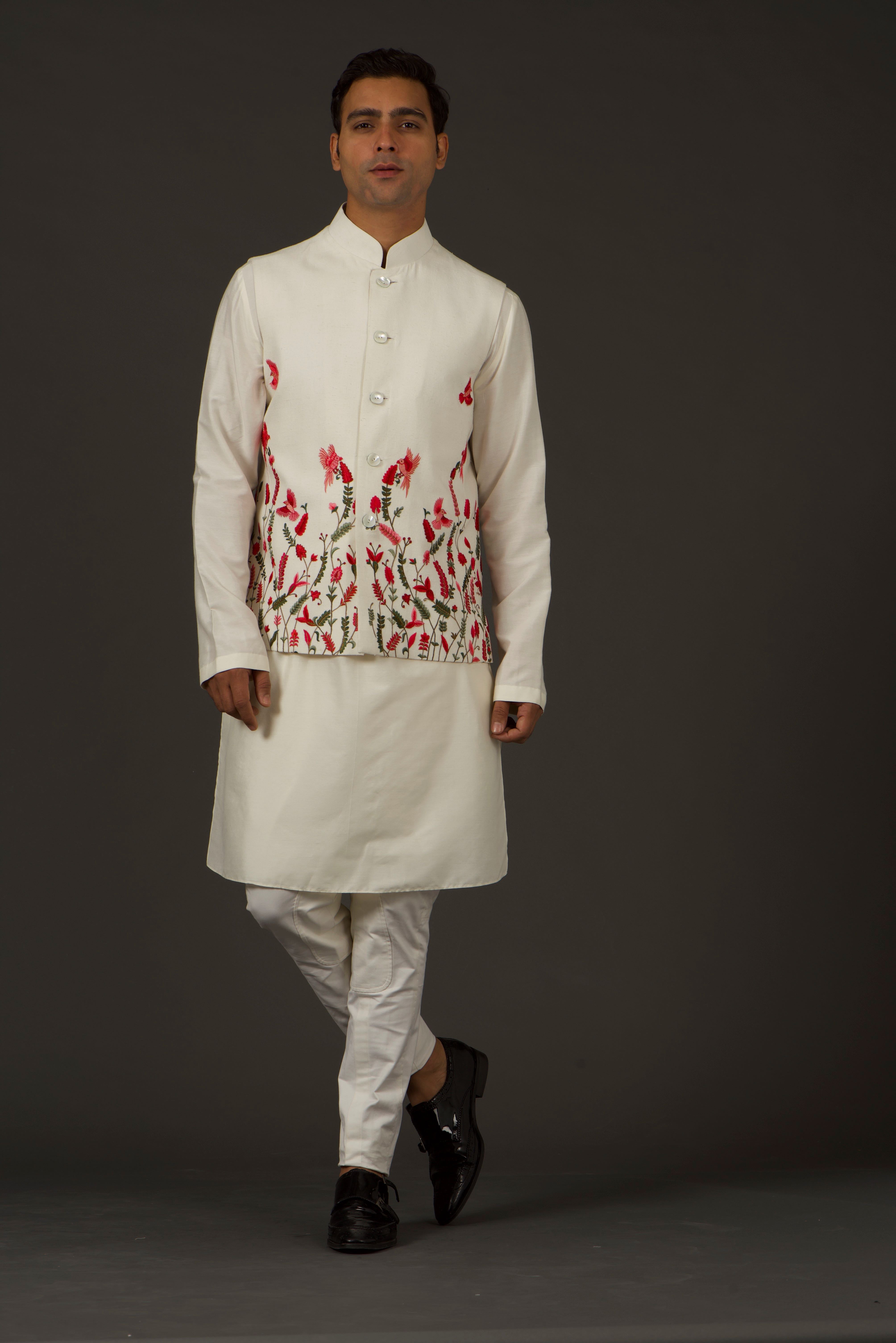 Ivory Linen Resham Thread Embroidered Nehru Jacket
