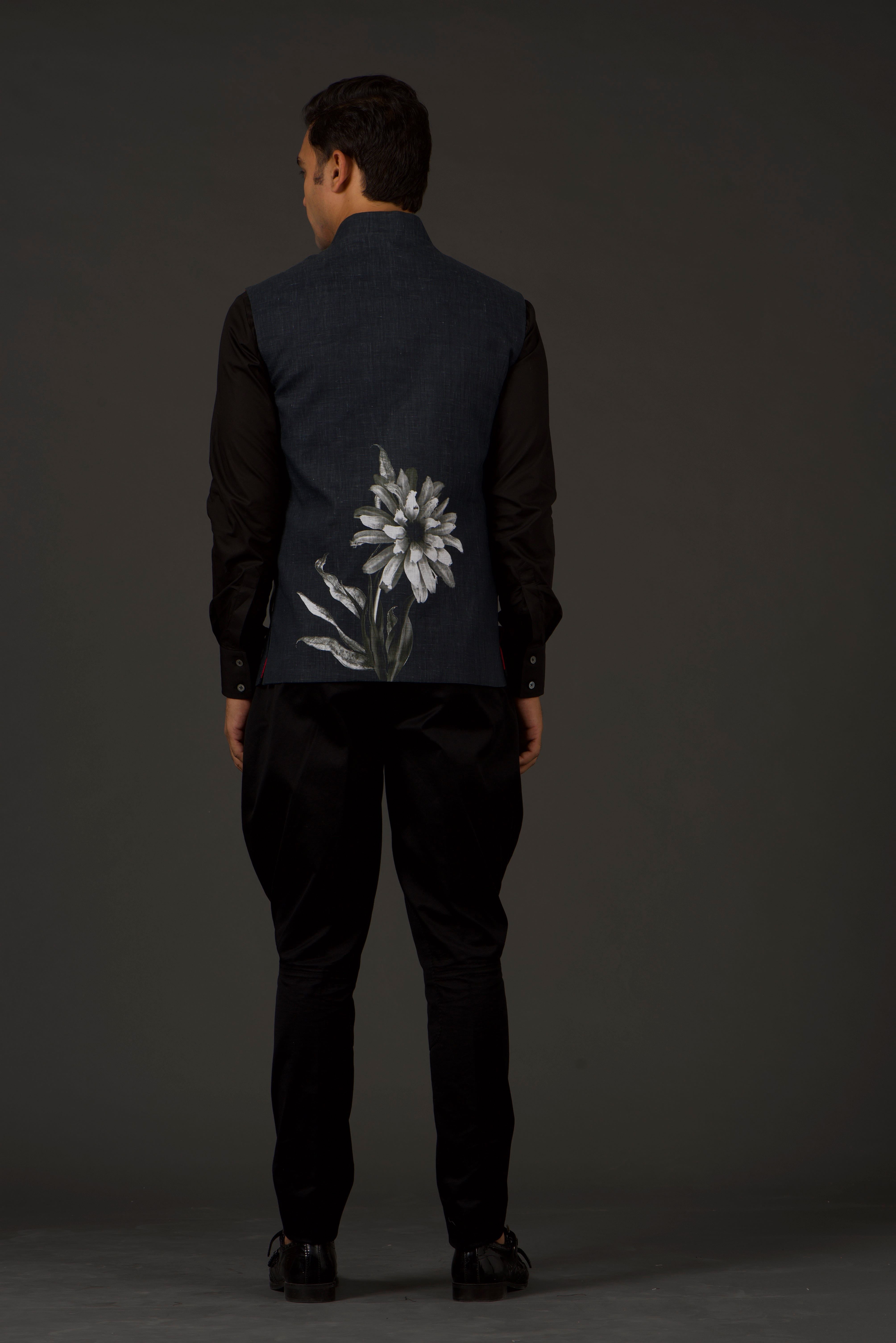 Black Linen Floral Printed Bundi