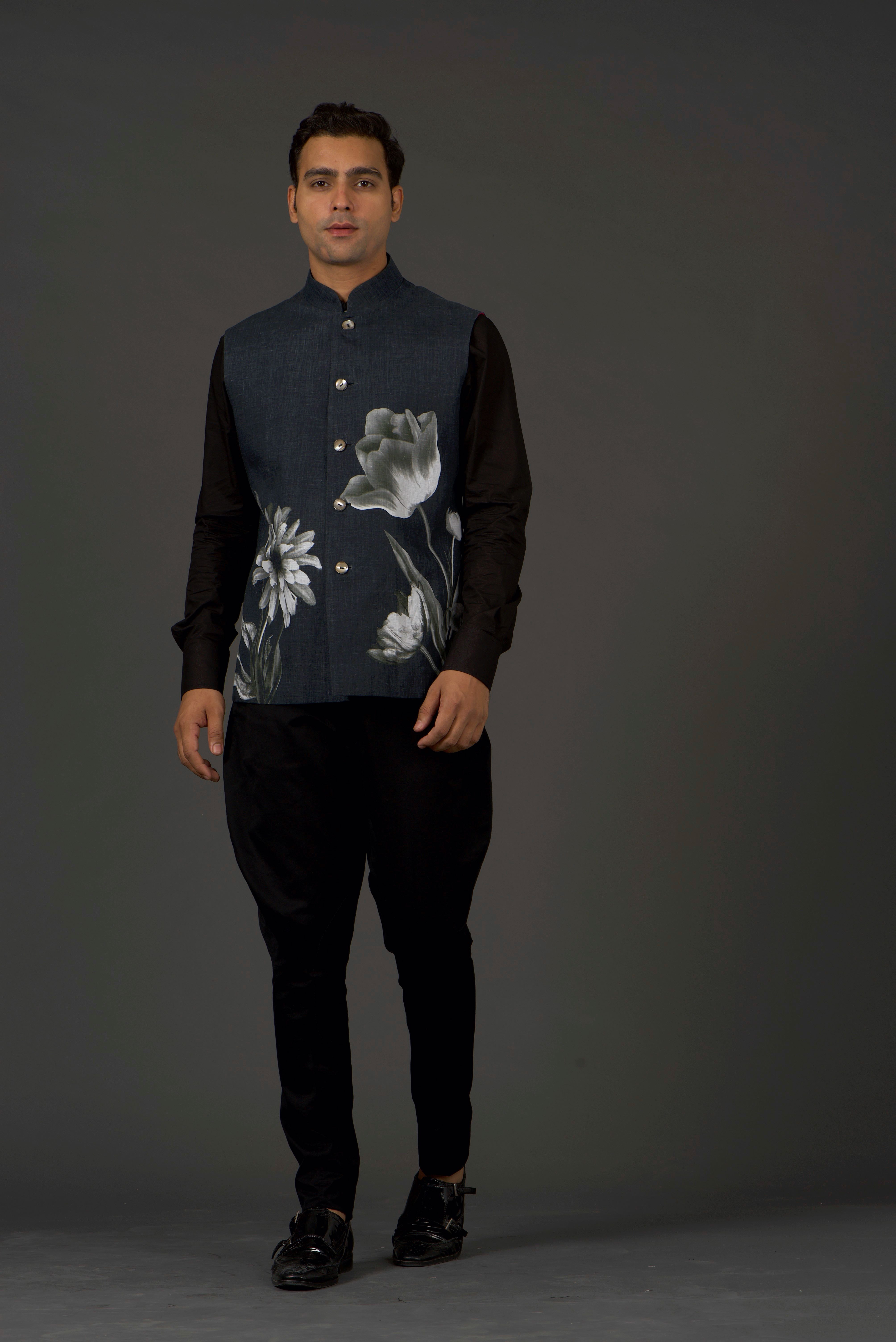 Black Linen Floral Printed Bundi