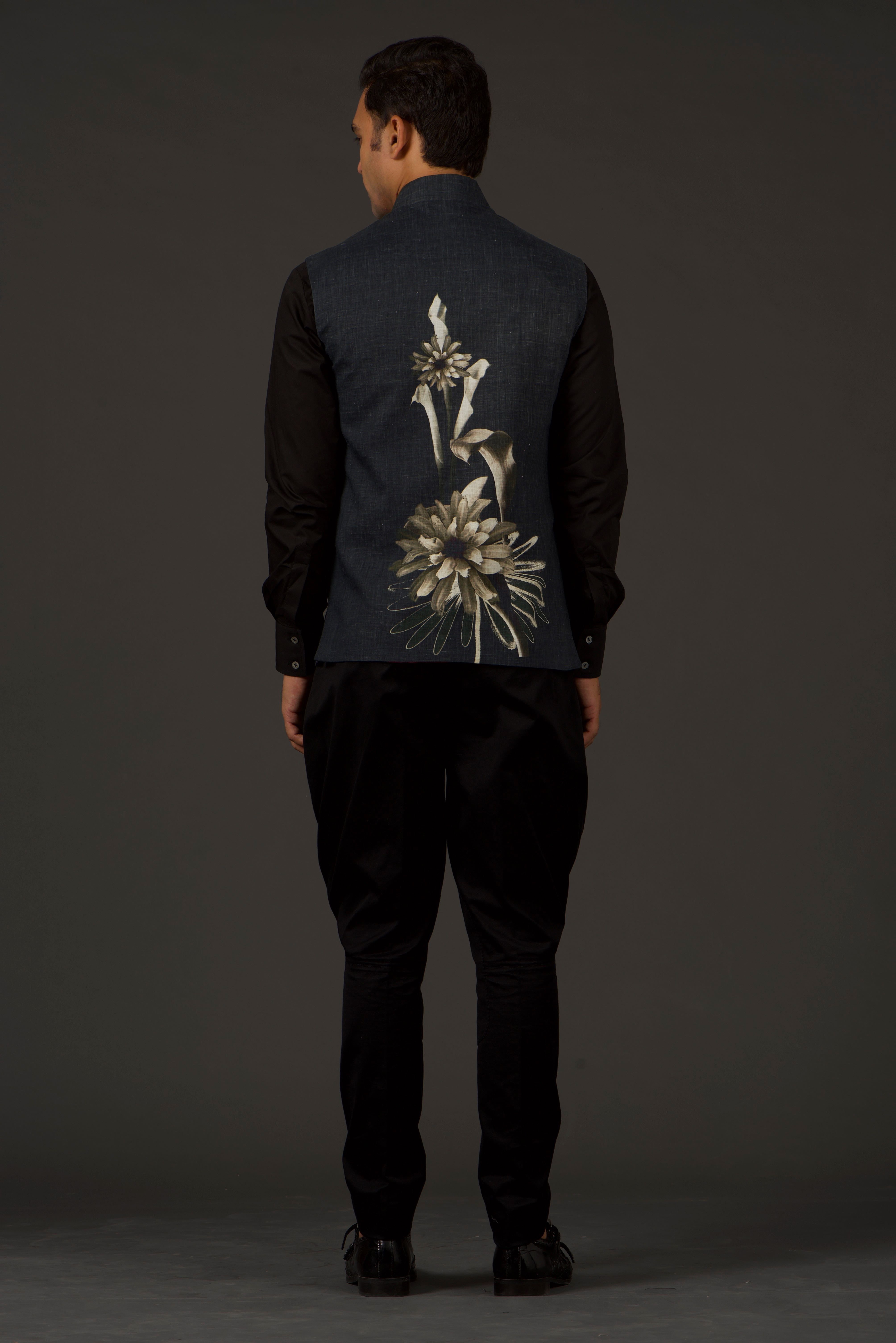 Black Linen Floral Printed Bundi