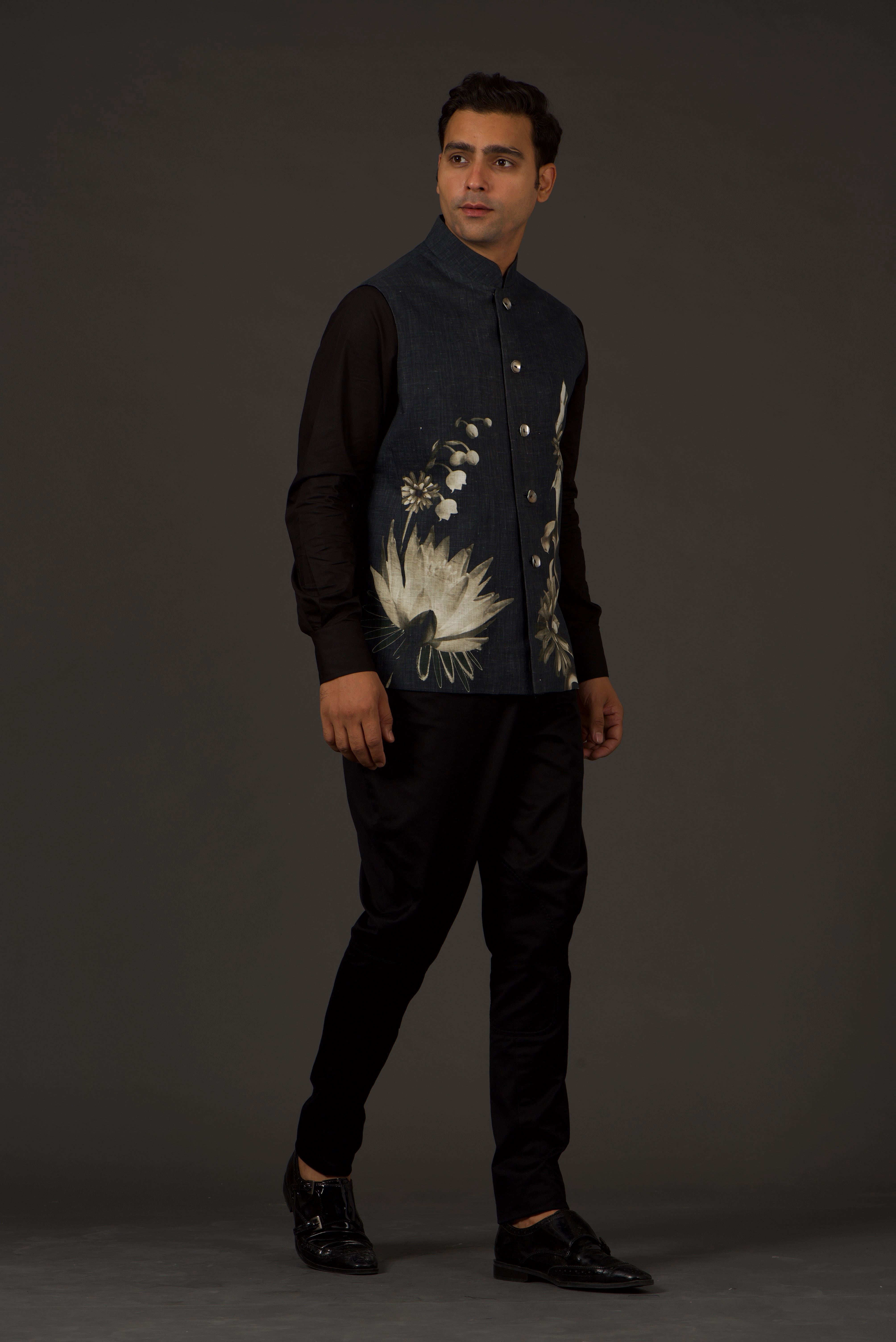 Black Linen Floral Printed Bundi