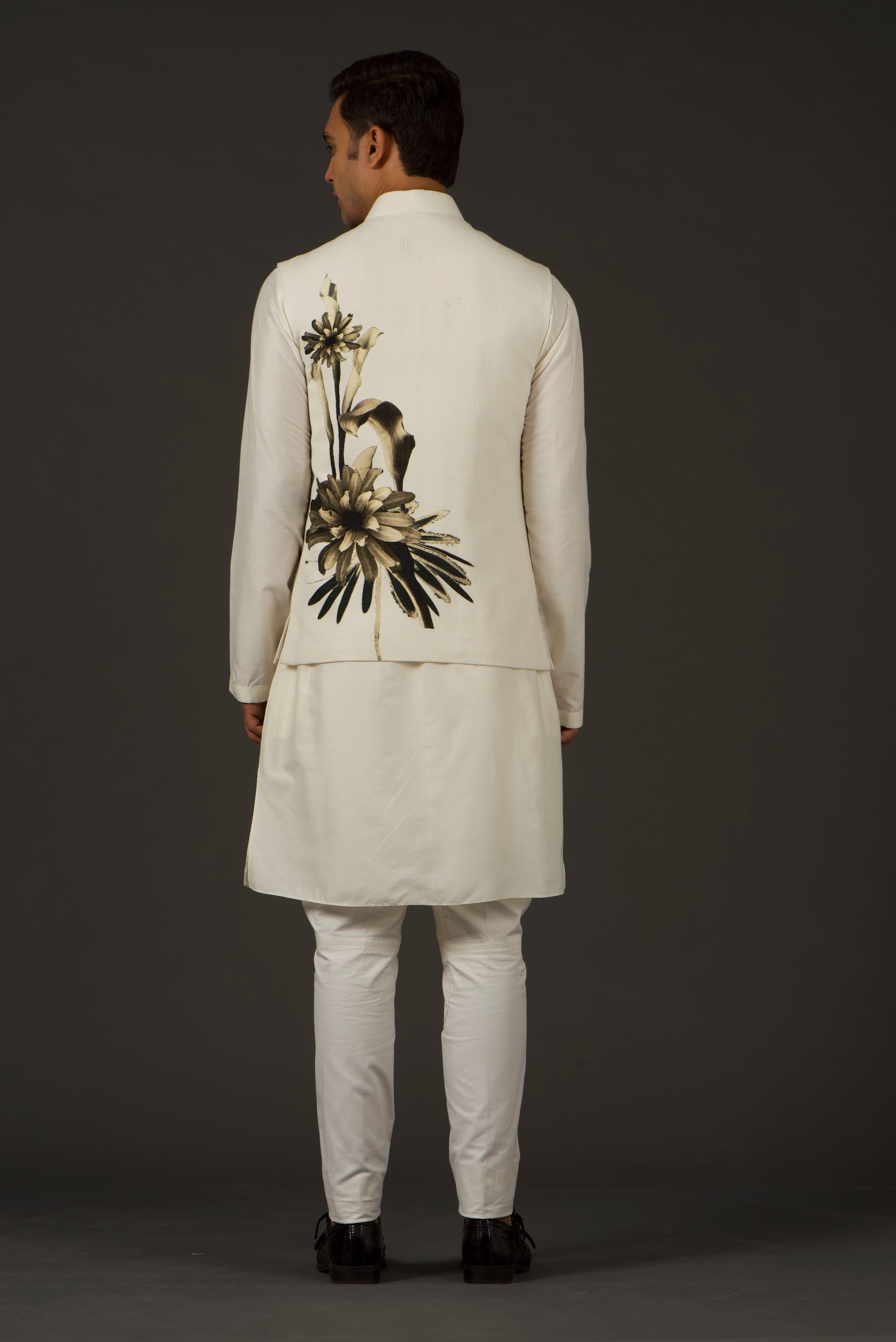 Ivory Linen Floral Printed Bundi