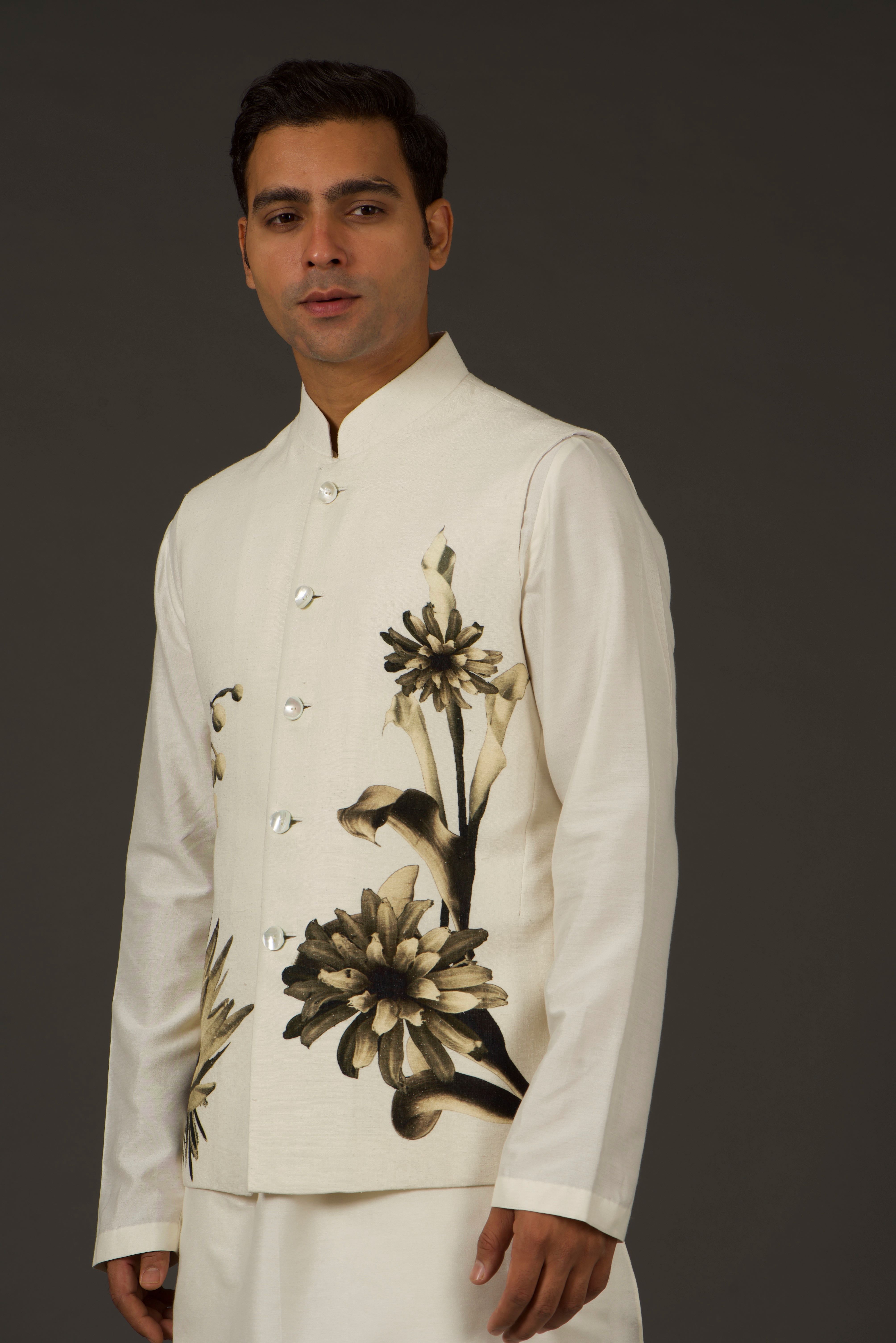 Ivory Linen Floral Printed Bundi