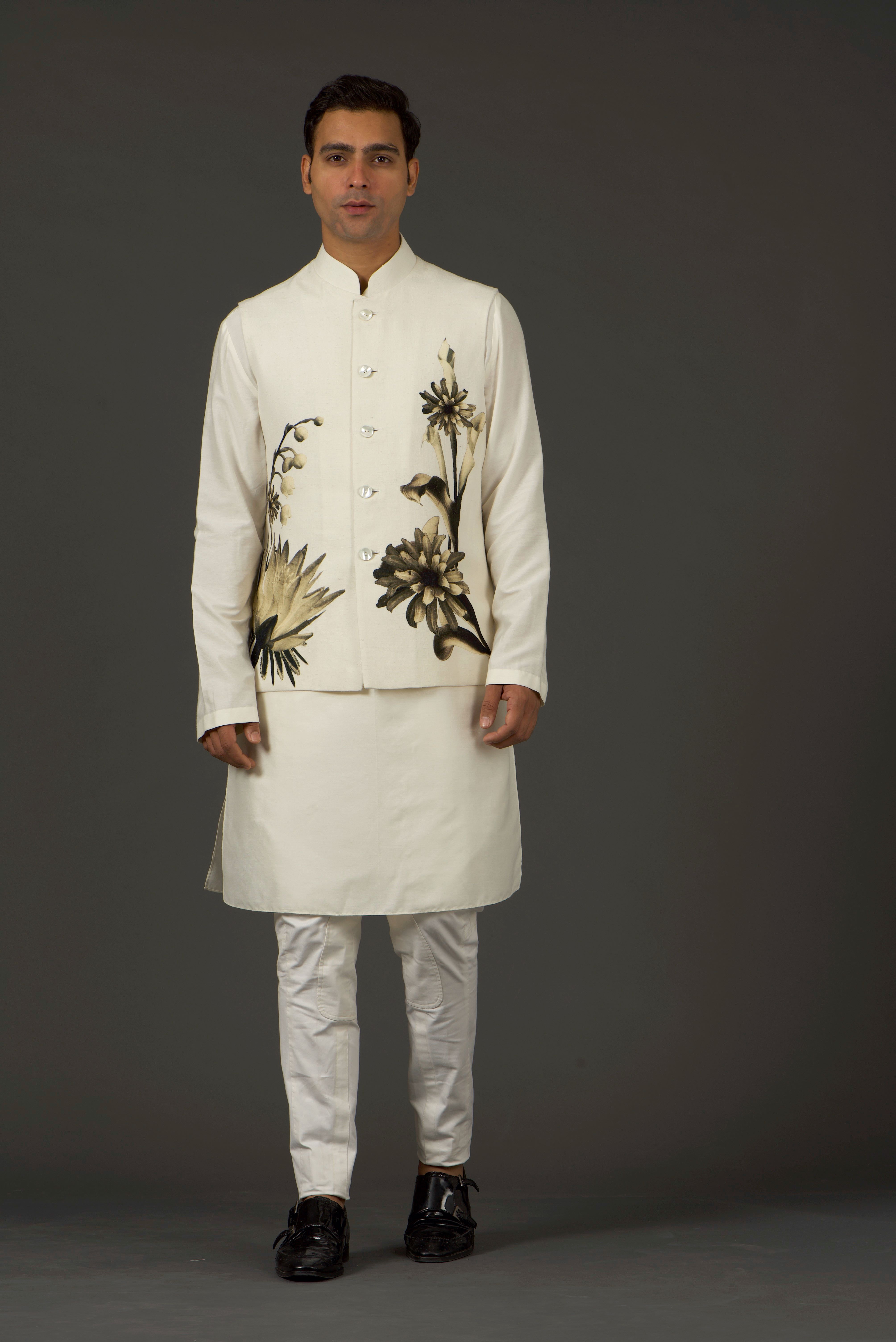Ivory Linen Floral Printed Bundi
