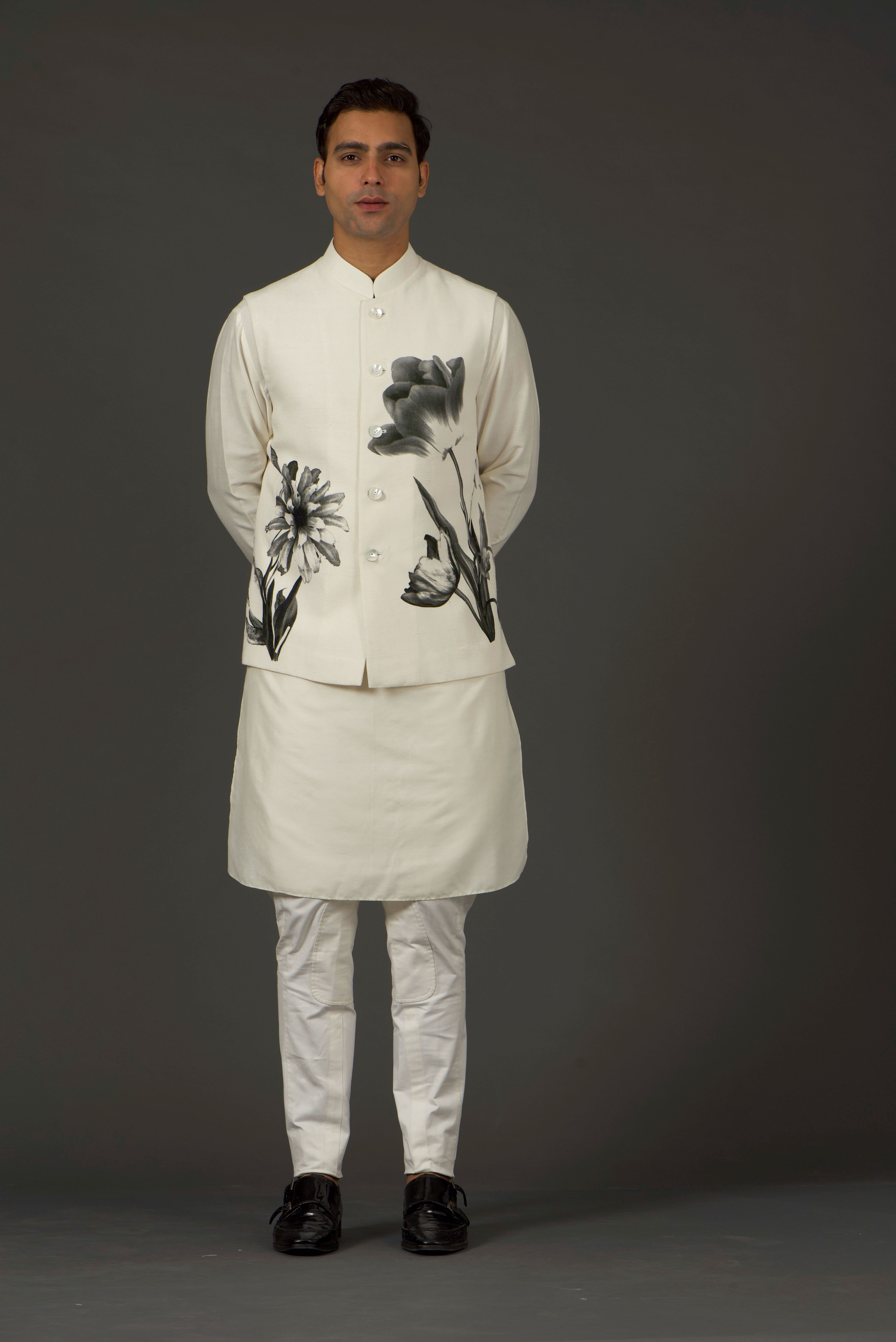 Ivory Linen Floral Printed Bundi