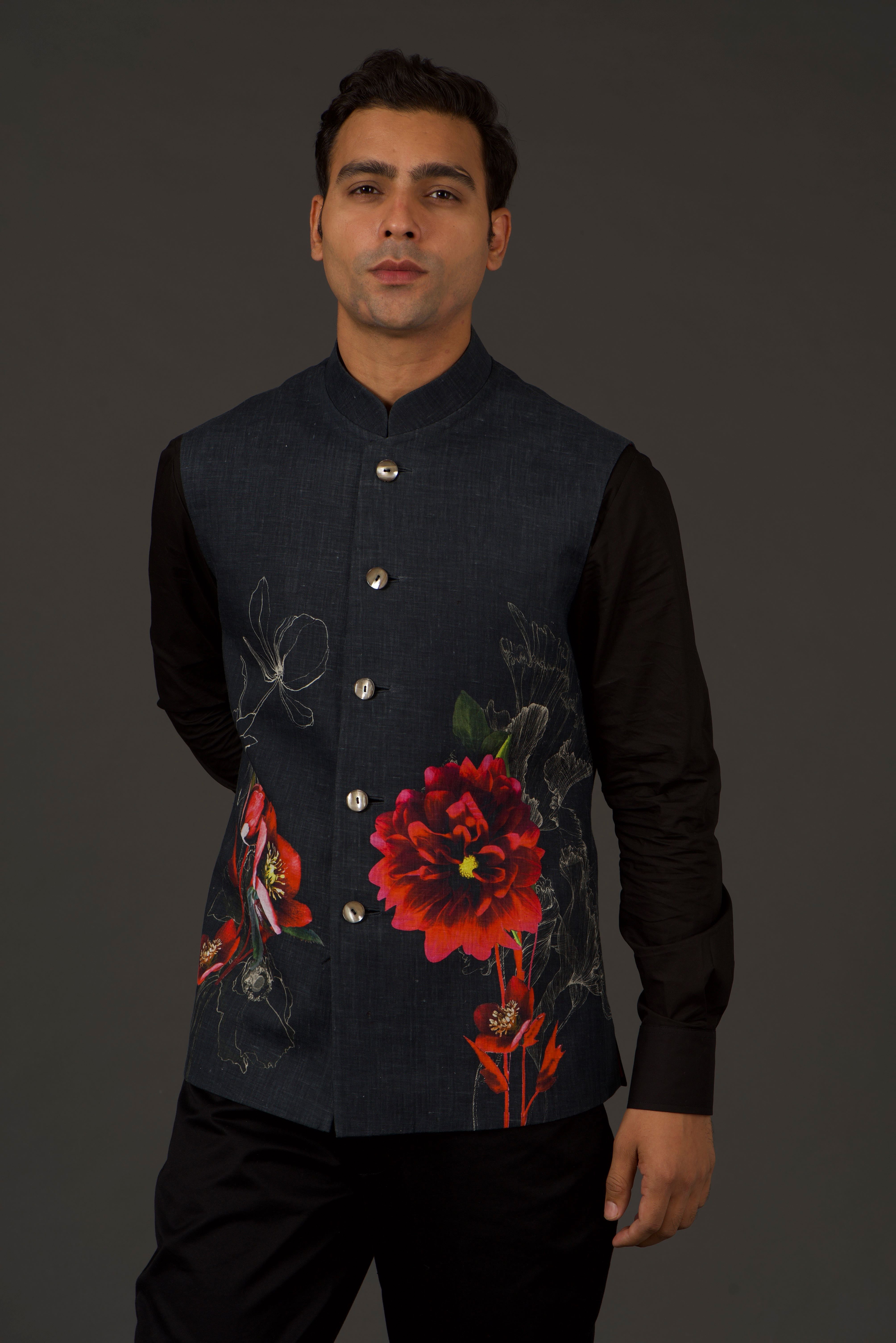 Black Linen Floral Printed Bundi