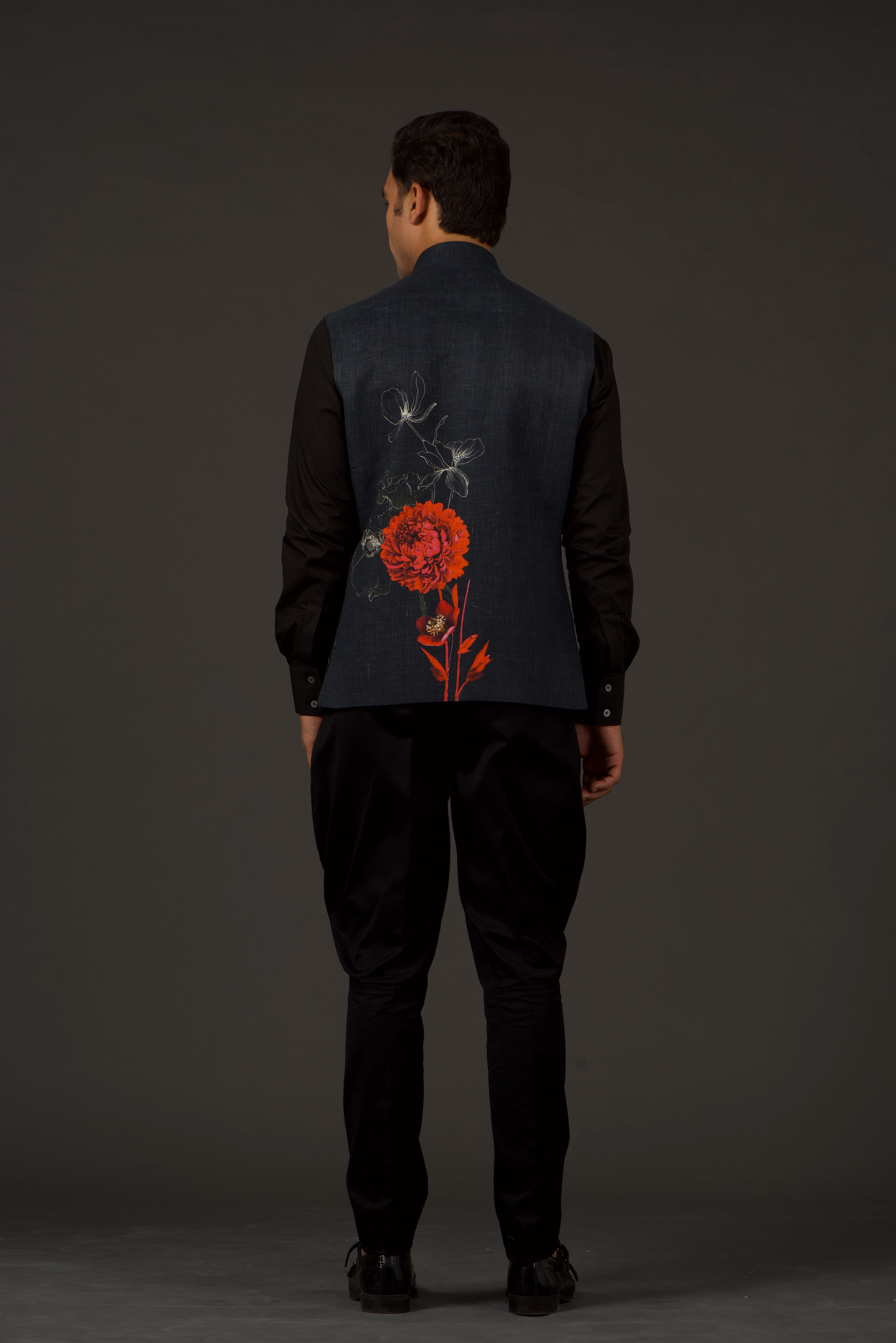 Black Linen Floral Printed Bundi