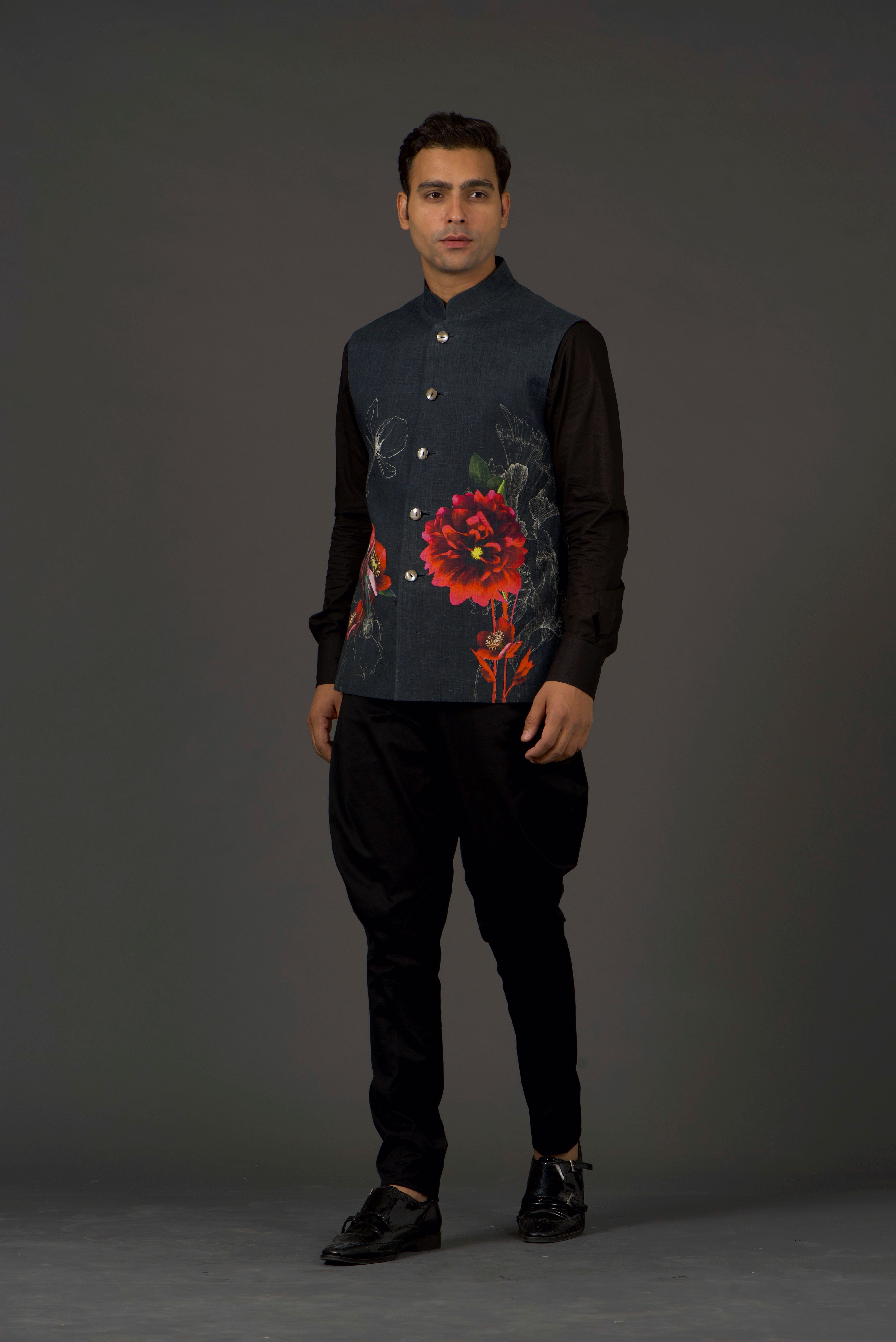 Black Linen Floral Printed Bundi
