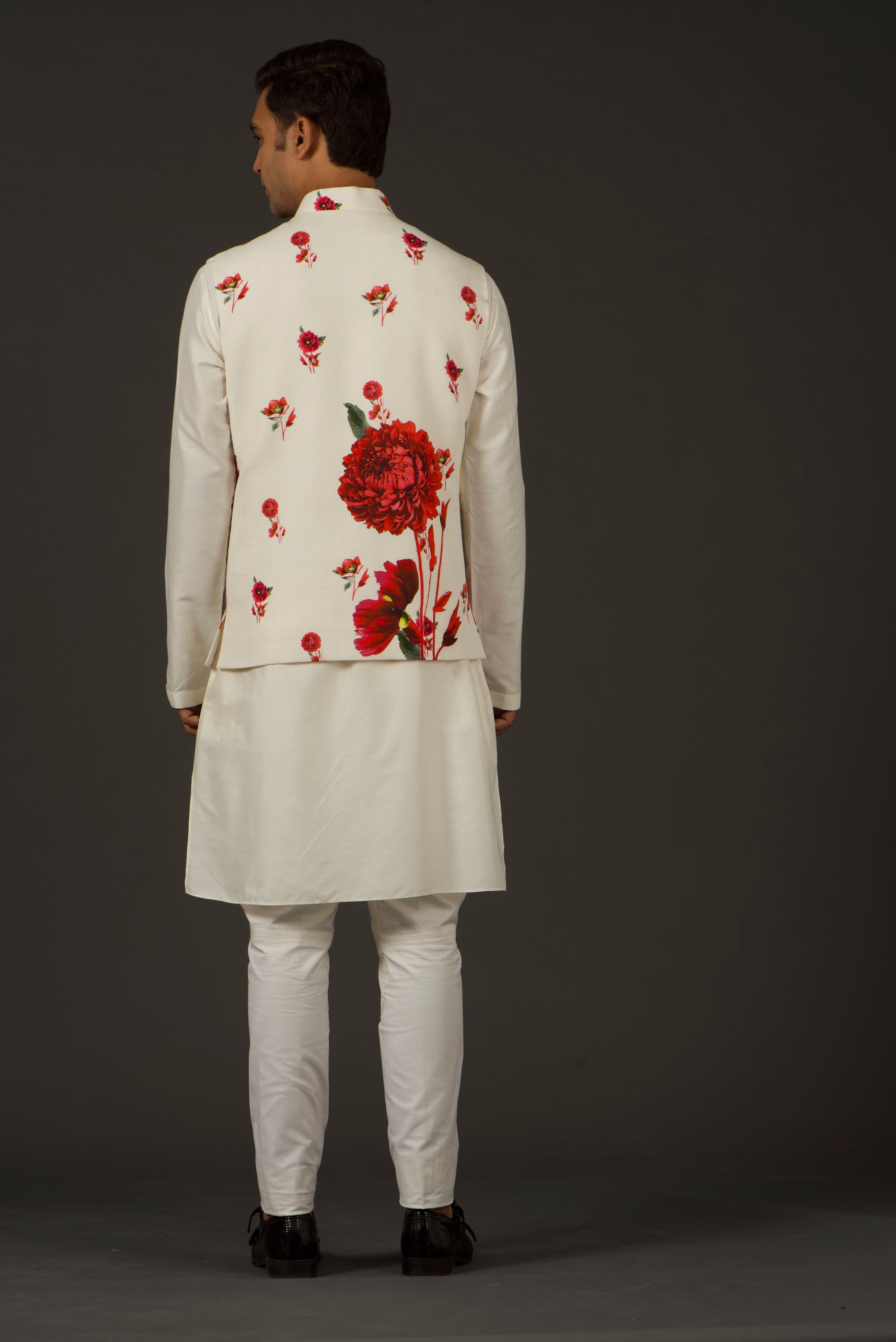 Ivory Linen Floral Printed Bundi