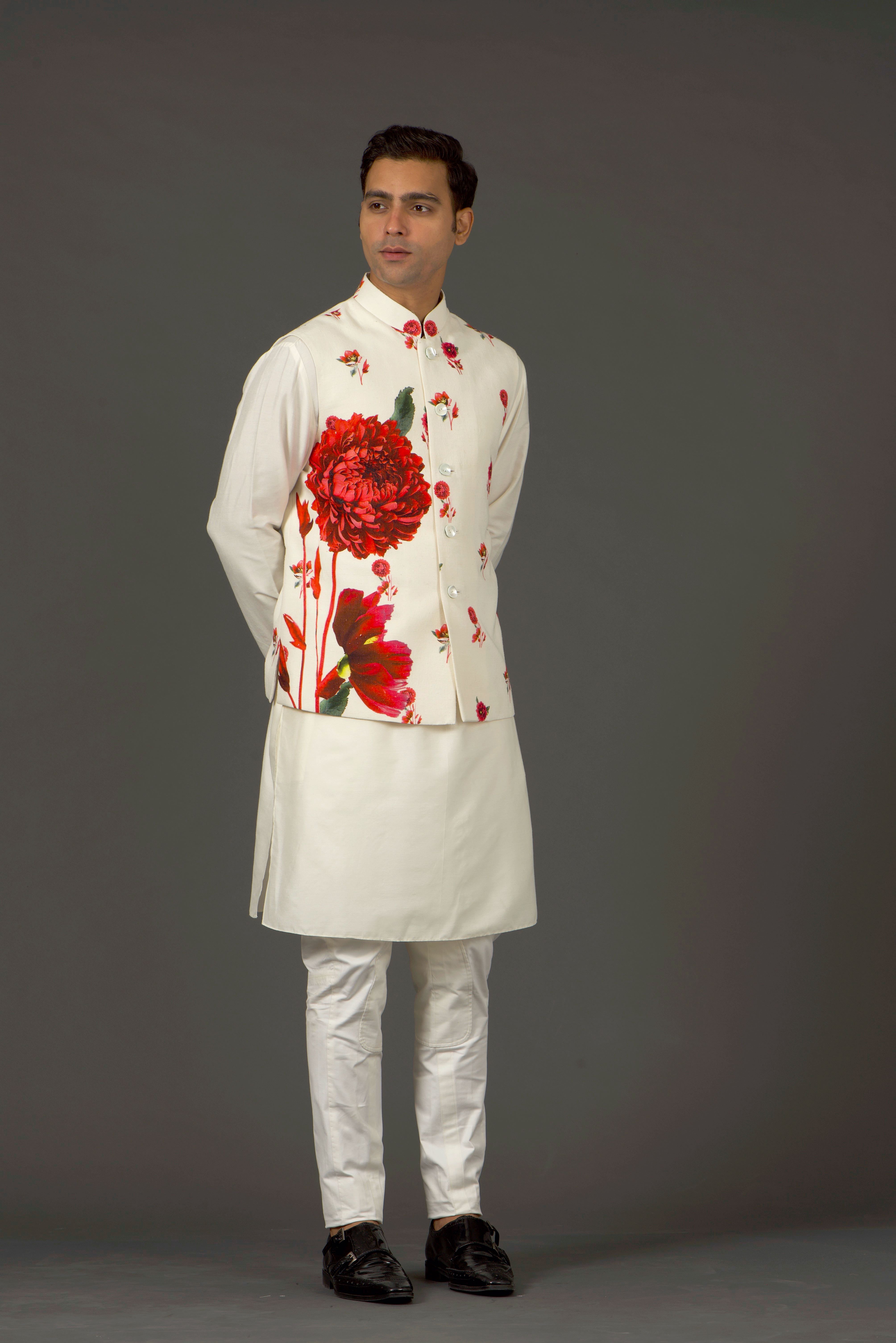 Ivory Linen Floral Printed Bundi