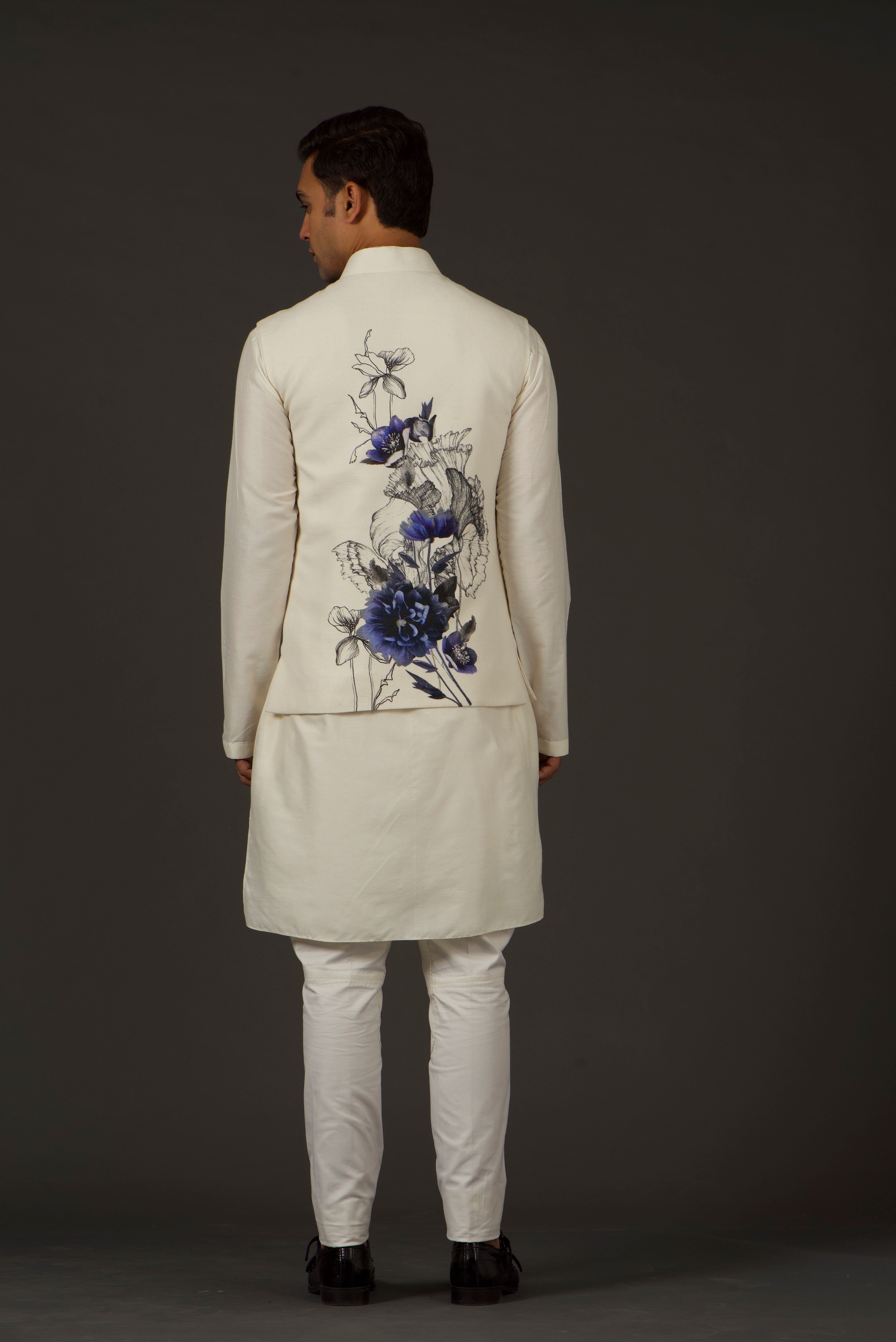 Ivory Linen Floral Printed Bundi