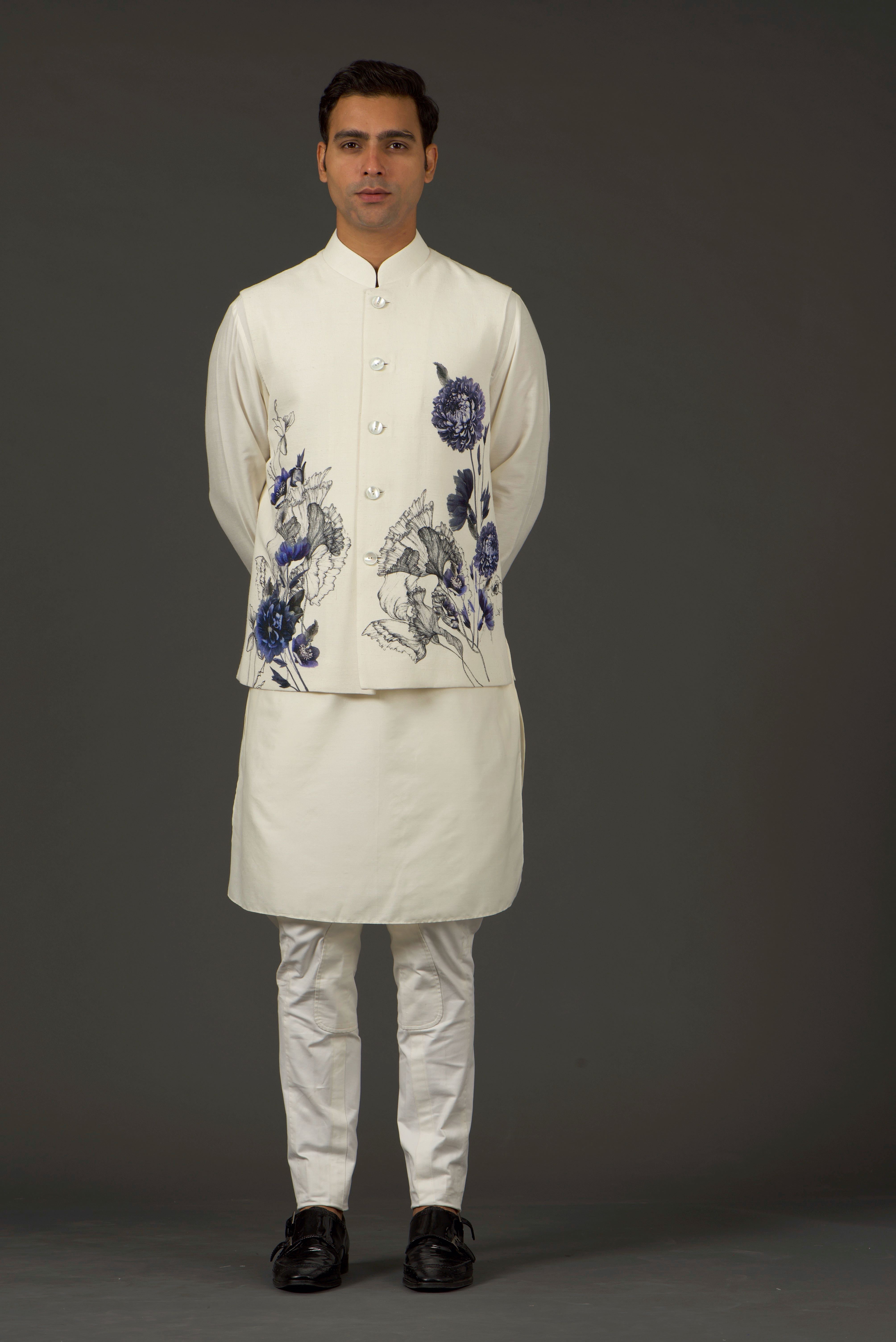 Ivory Linen Floral Printed Bundi