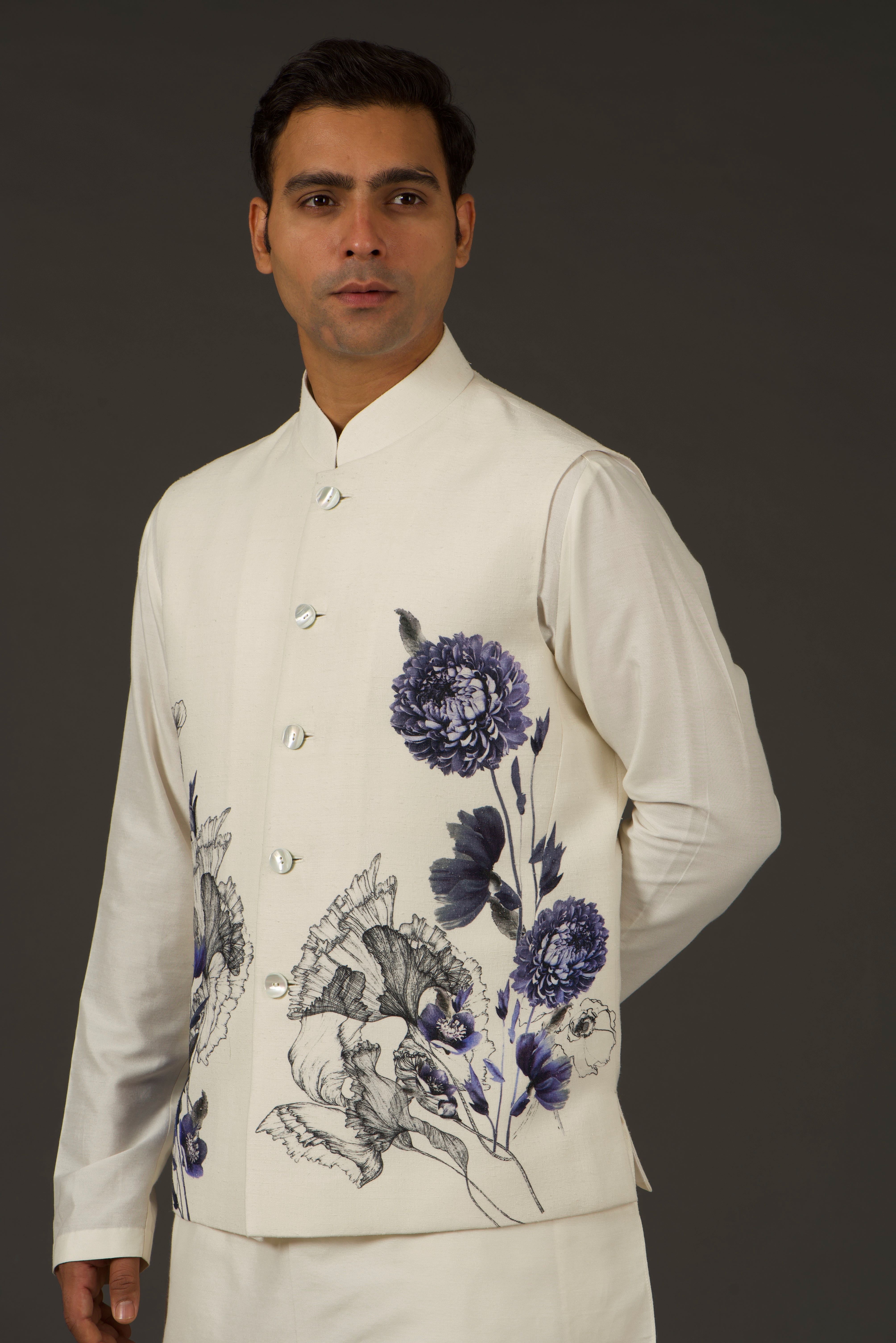 Ivory Linen Floral Printed Bundi