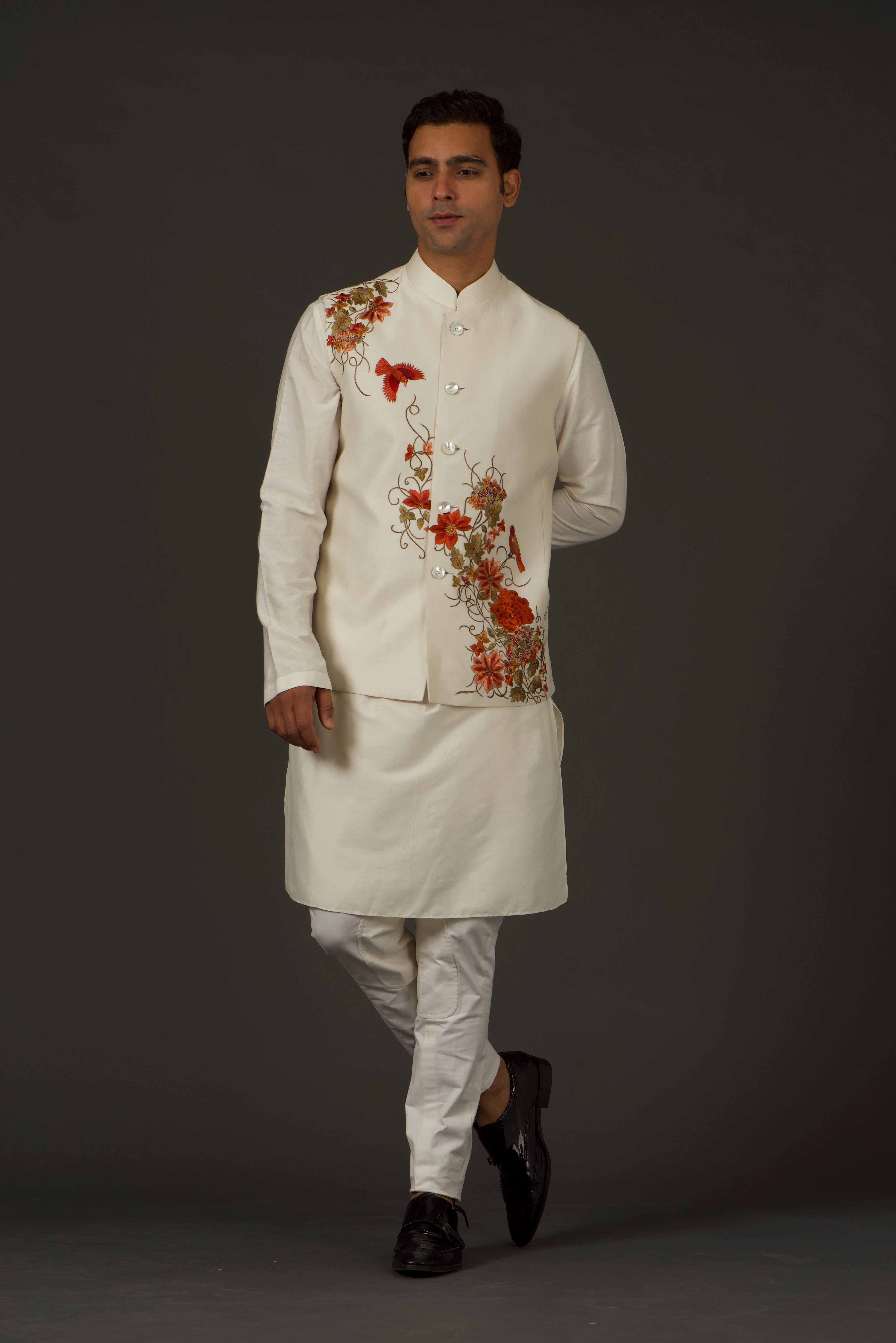 Ivory Resham Thread Embroidered bundi