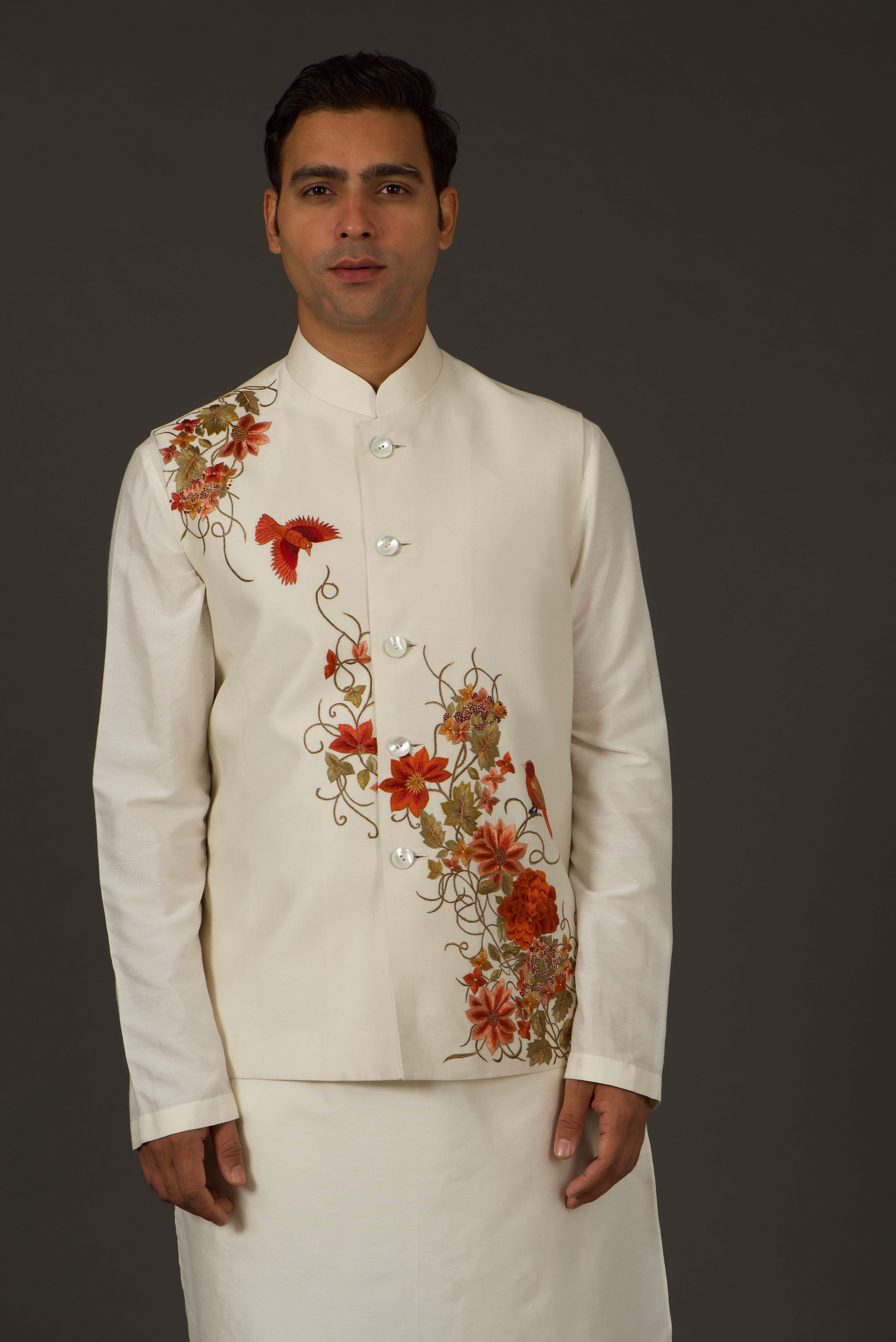 Ivory Resham Thread Embroidered bundi