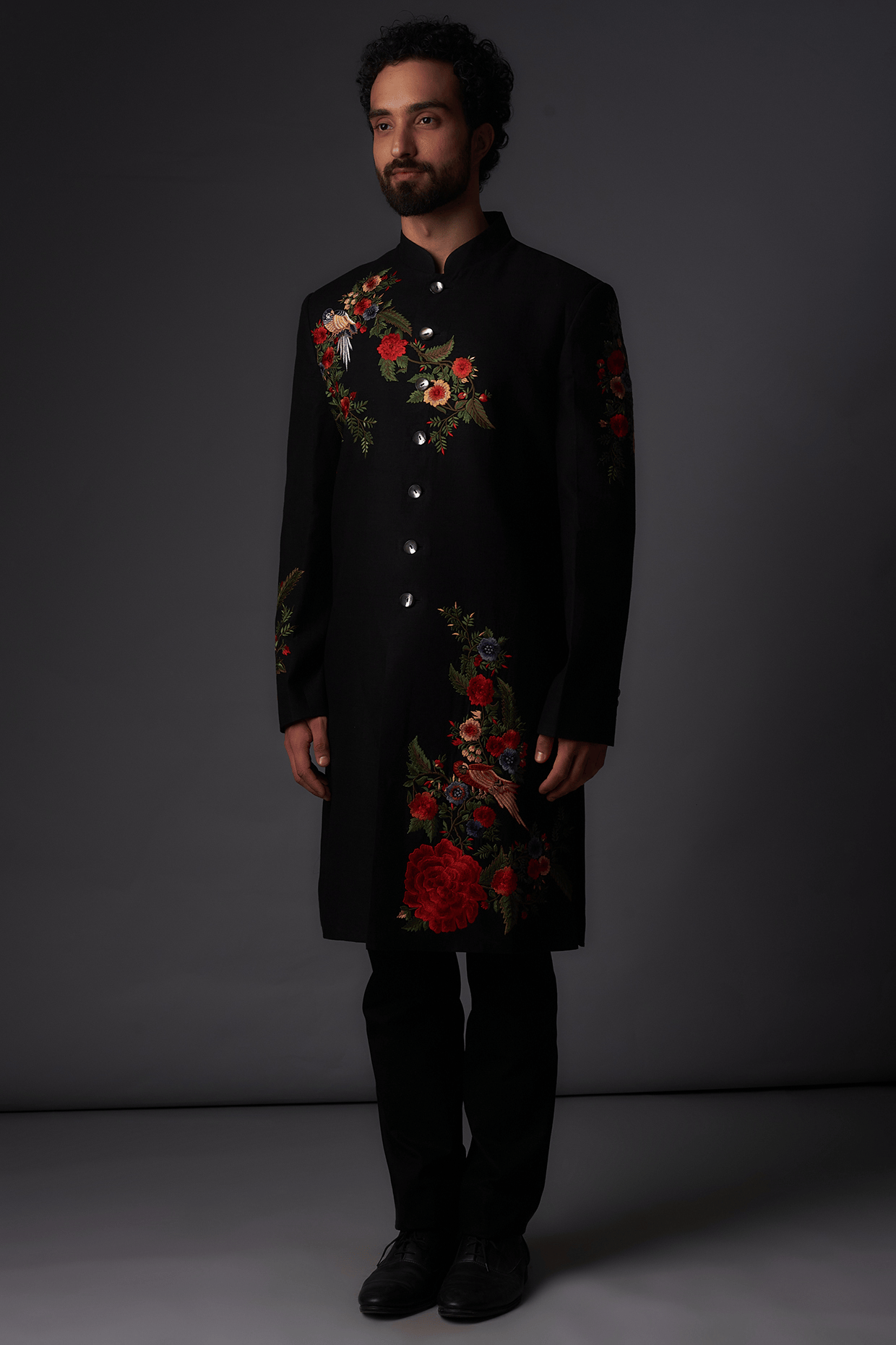 Men Black Matka Silk Floral Embroidered Sherwani