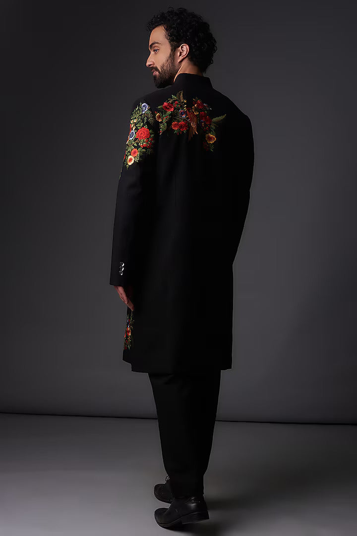 Men Black Matka Silk Floral Embroidered Sherwani