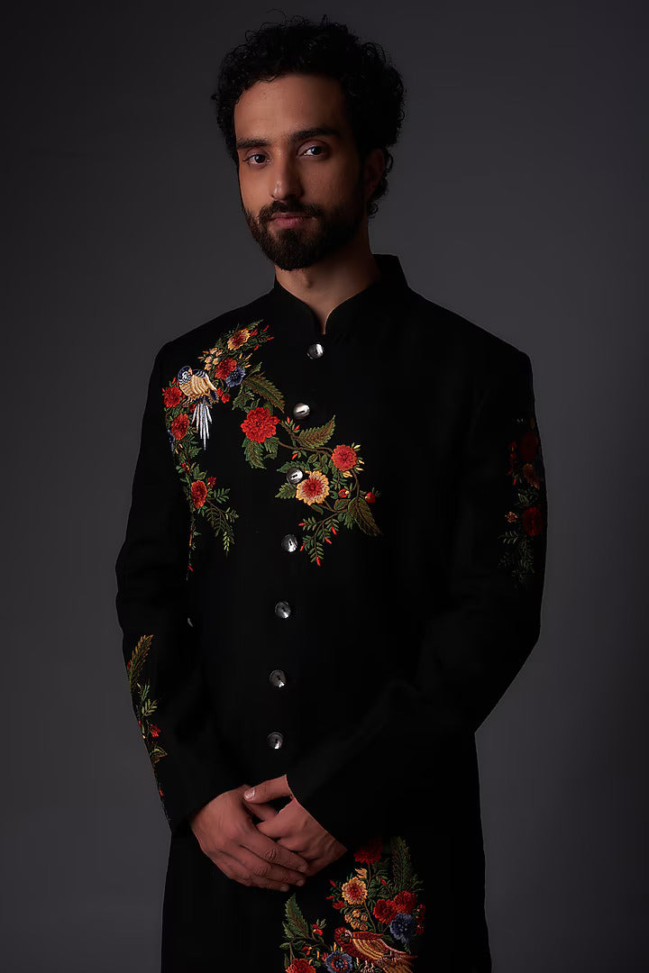Men Black Matka Silk Floral Embroidered Sherwani