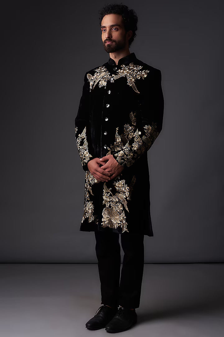 Men Black Chanderi Silk Gold Zari Embroidered Sherwani