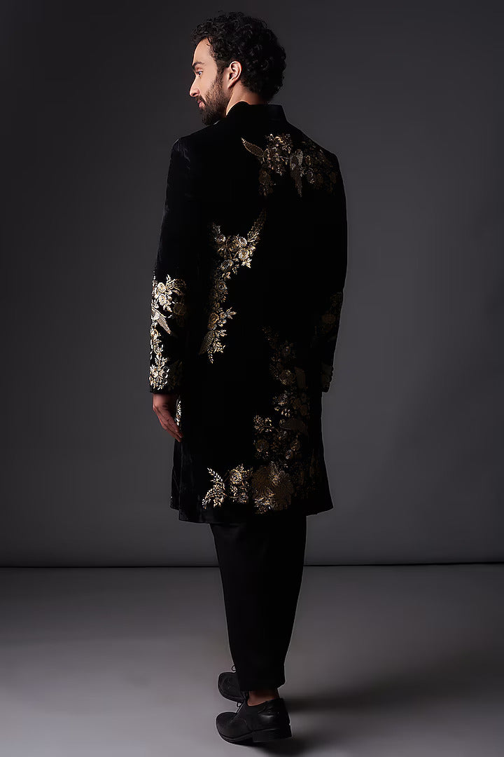 Men Black Chanderi Silk Gold Zari Embroidered Sherwani