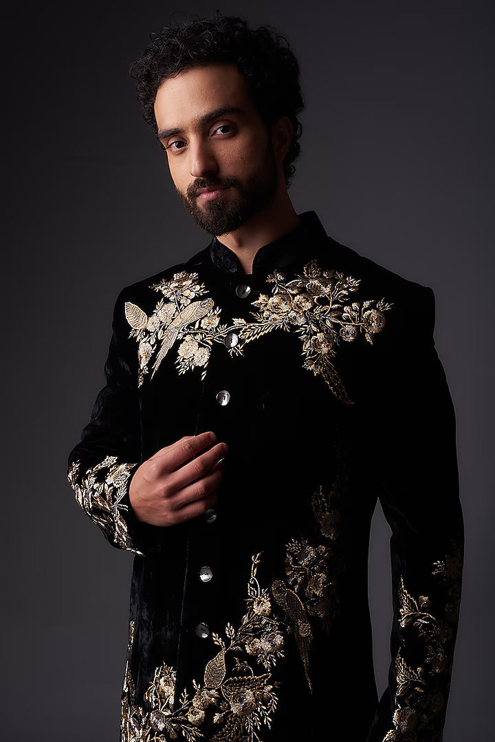 Men Black Chanderi Silk Gold Zari Embroidered Sherwani