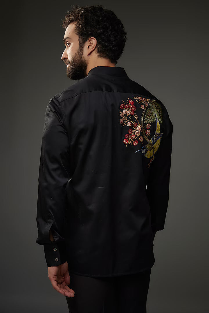 Black Poplin Embroidered Shirt