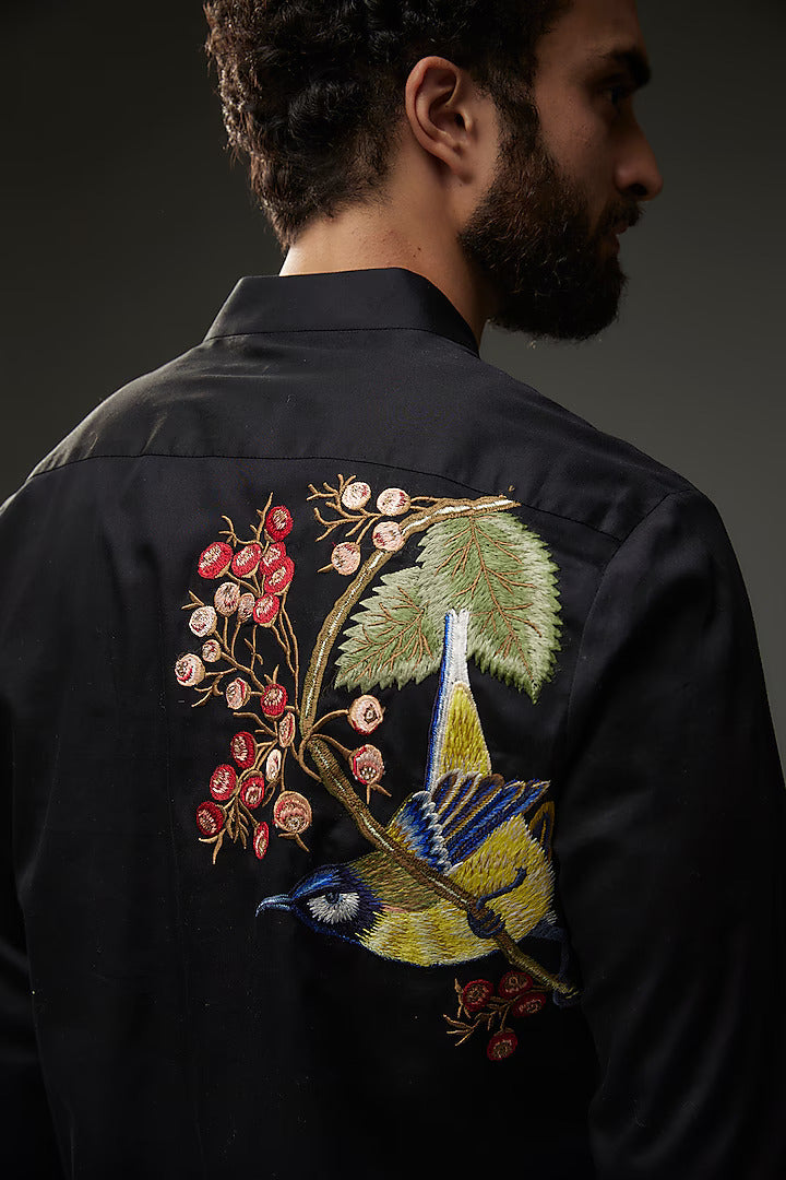Black Poplin Embroidered Shirt