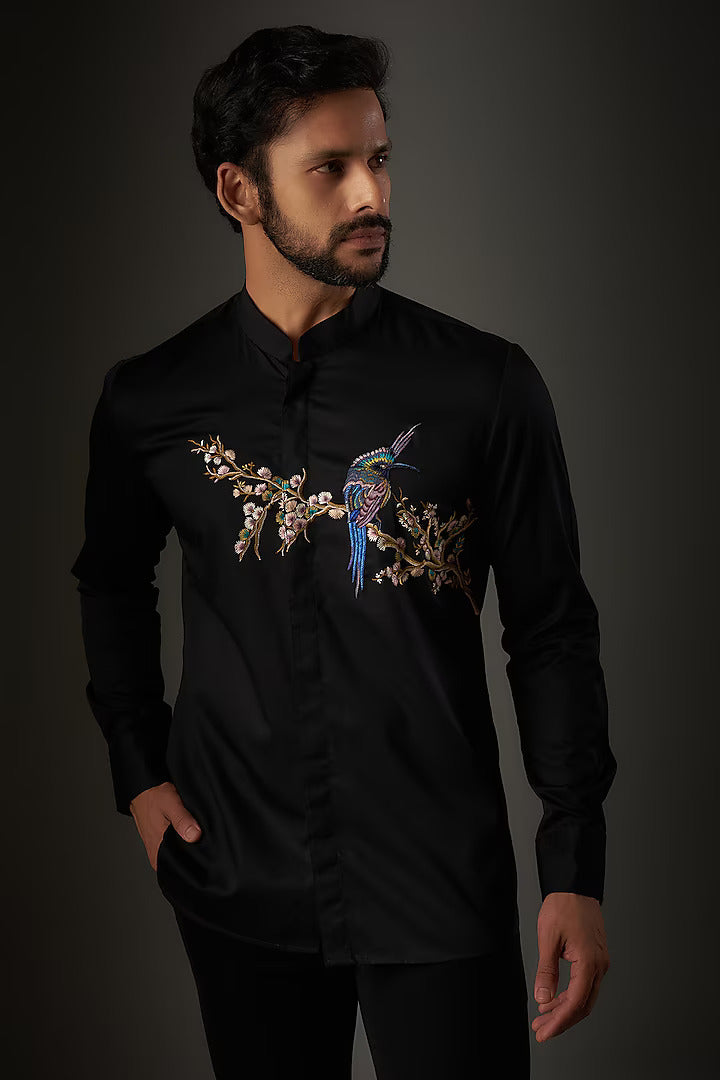 Black Poplin Thread Embroidered Shirt