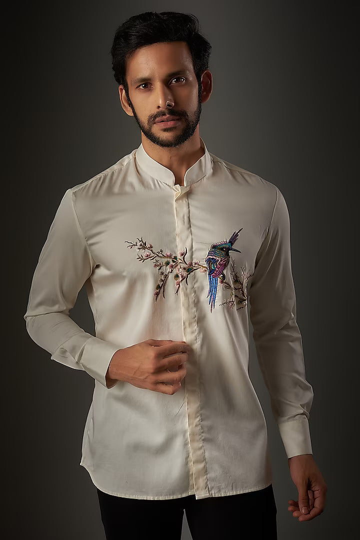 Ivory Poplin Shirt With Bird Embroidered