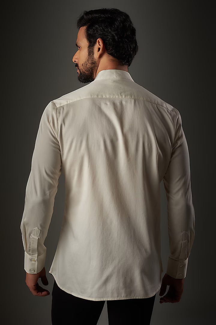 Ivory Poplin Shirt With Bird Embroidered