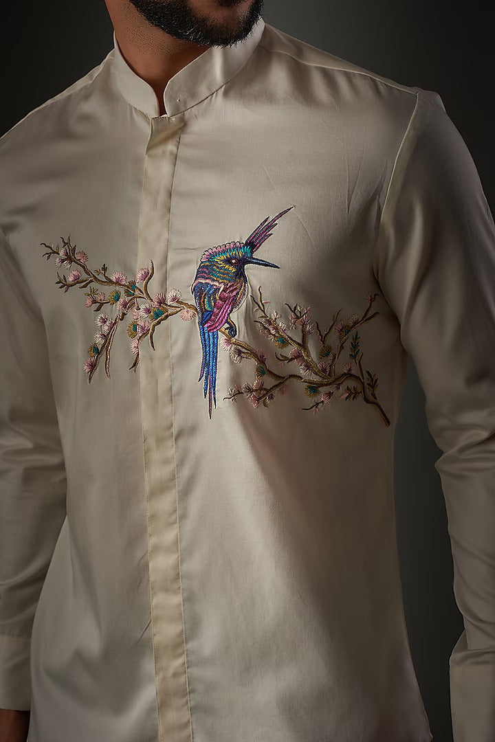 Ivory Poplin Shirt With Bird Embroidered